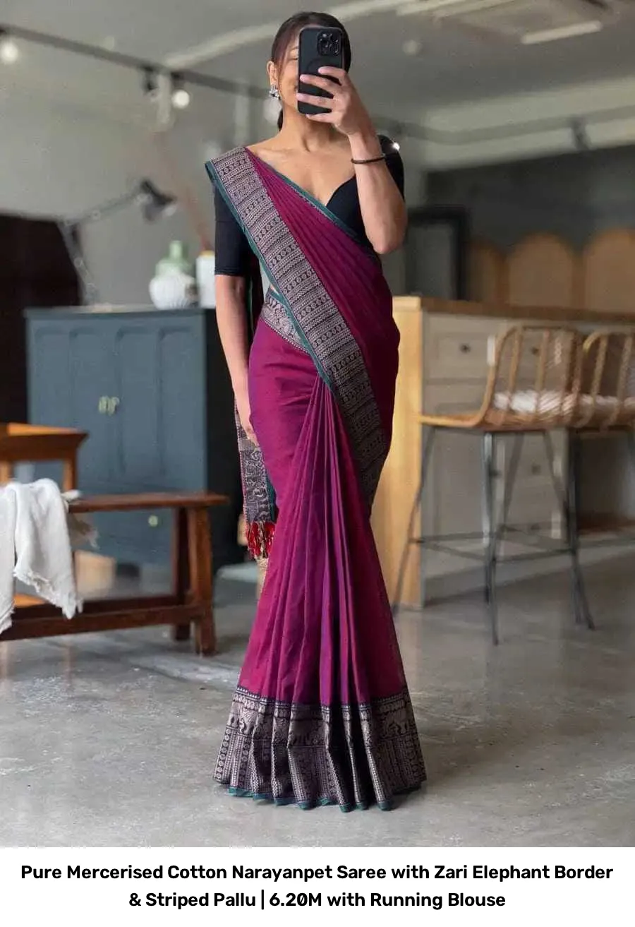 Pure Mercerised Cotton Narayanpet Saree with Zari Elephant Border & Striped Pallu | 6.20M with Running Blouse 11