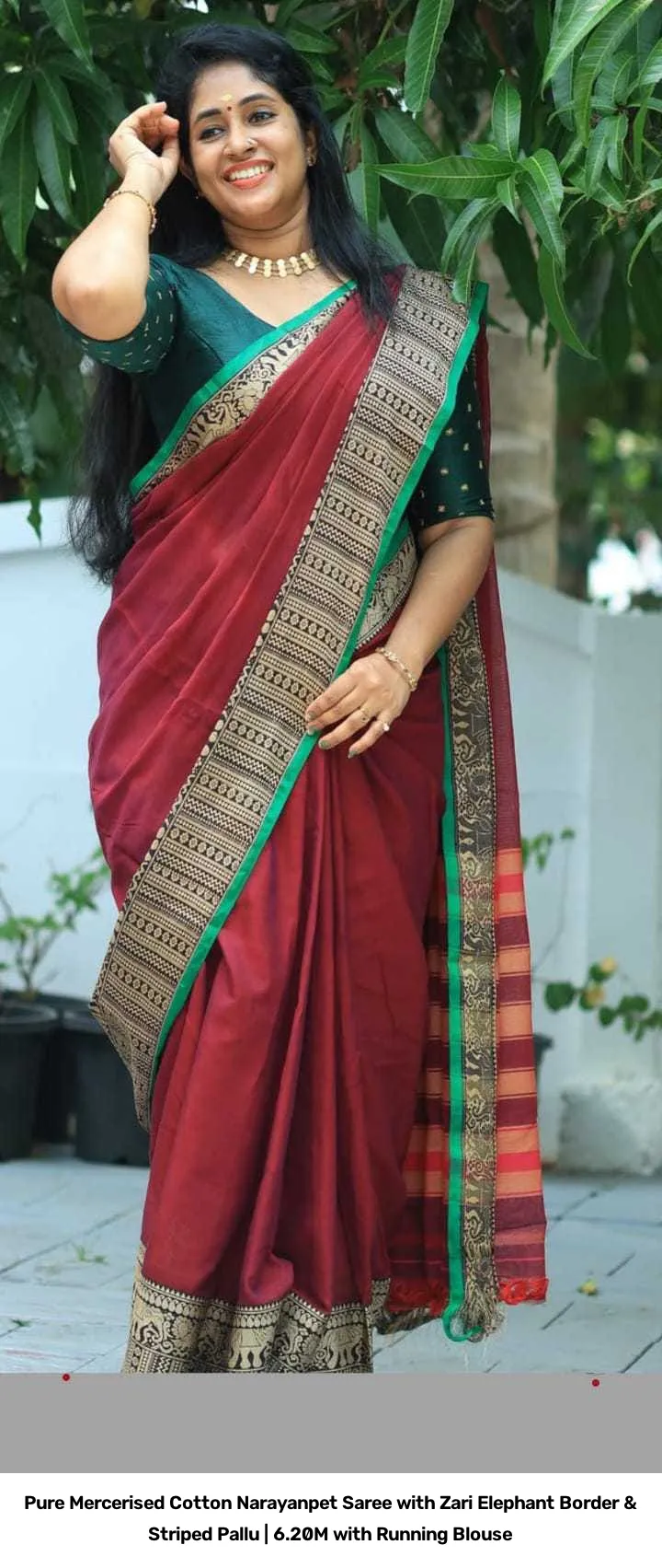 Pure Mercerised Cotton Narayanpet Saree with Zari Elephant Border & Striped Pallu | 6.20M with Running Blouse 13