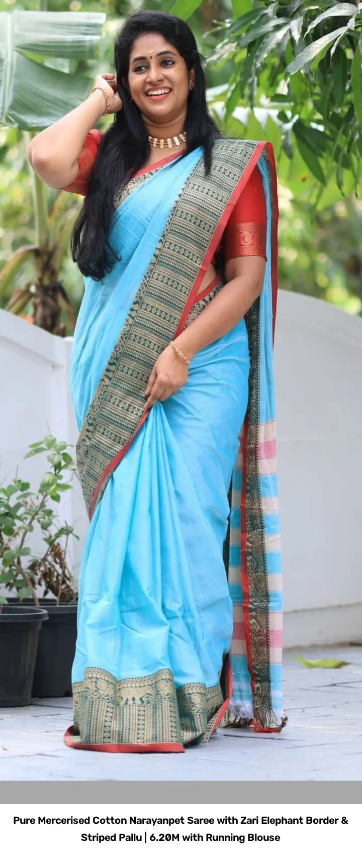 Pure Mercerised Cotton Narayanpet Saree with Zari Elephant Border & Striped Pallu | 6.20M with Running Blouse 14