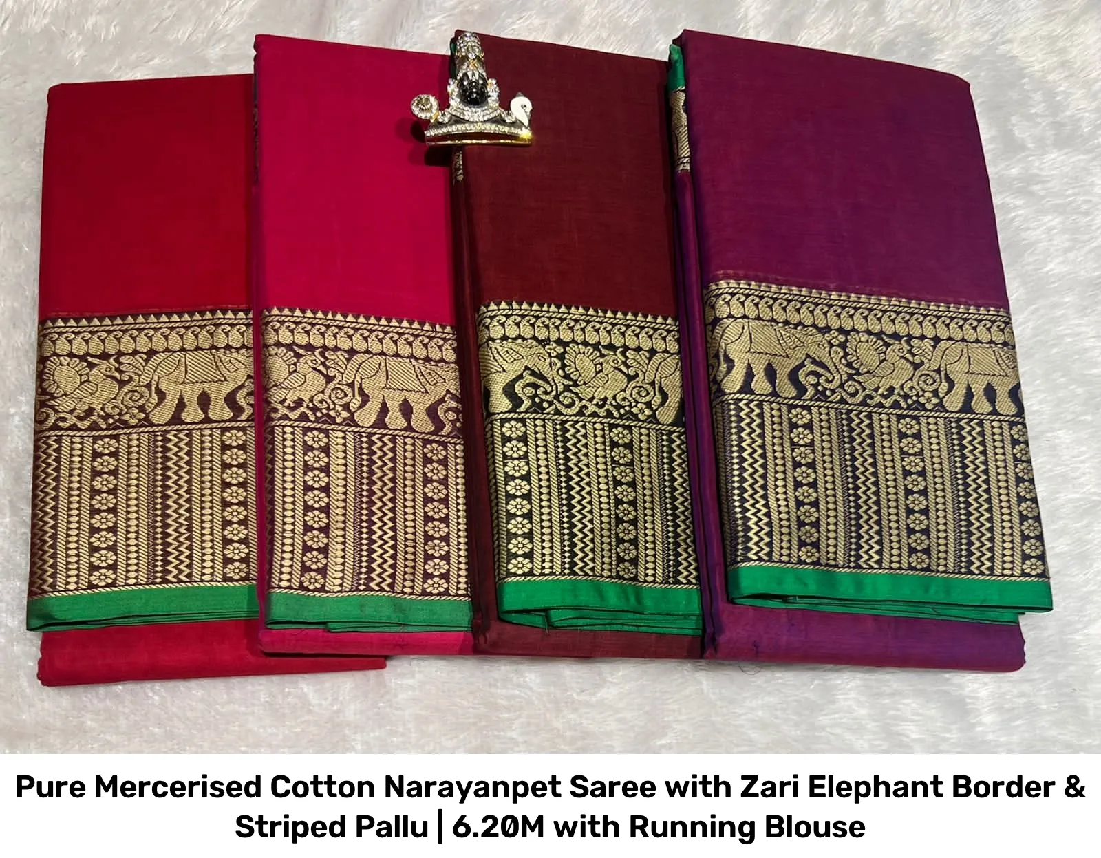 Pure Mercerised Cotton Narayanpet Saree with Zari Elephant Border & Striped Pallu | 6.20M with Running Blouse 15
