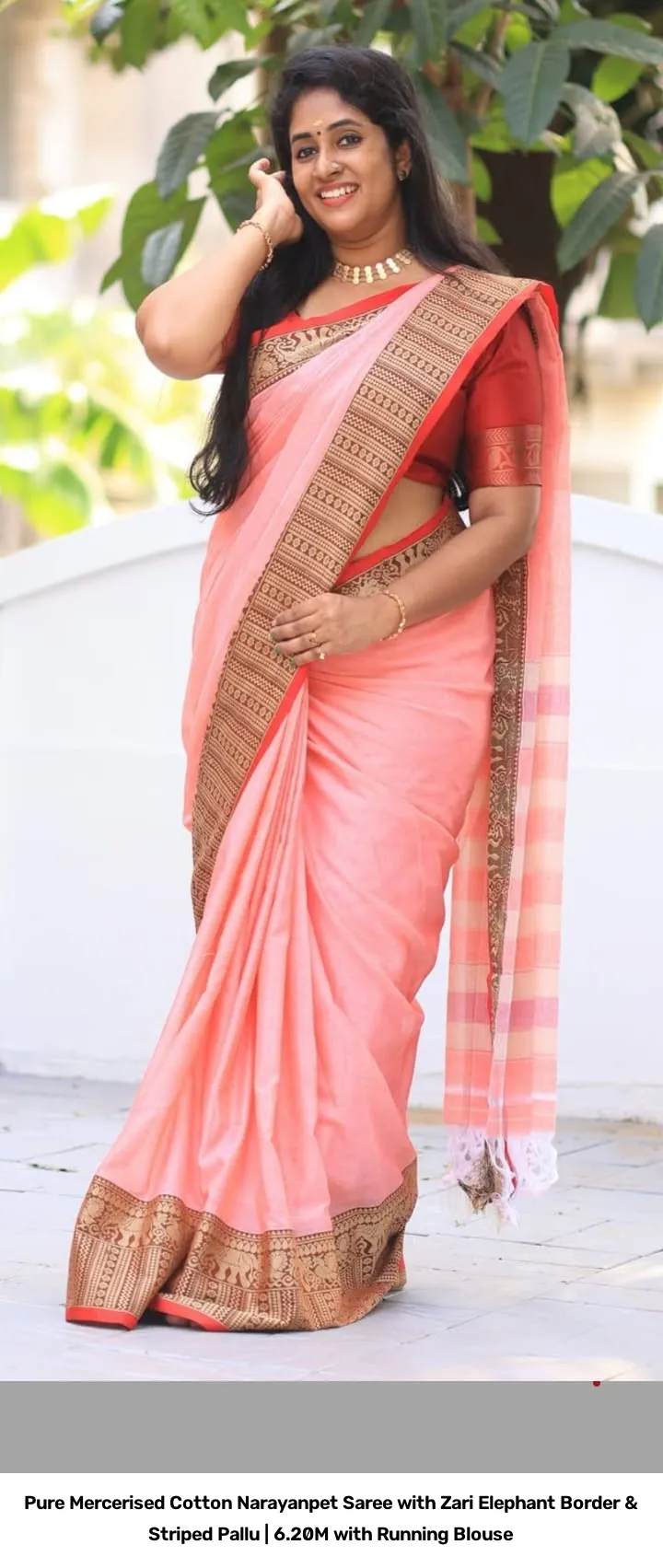 Pure Mercerised Cotton Narayanpet Saree with Zari Elephant Border & Striped Pallu | 6.20M with Running Blouse 16