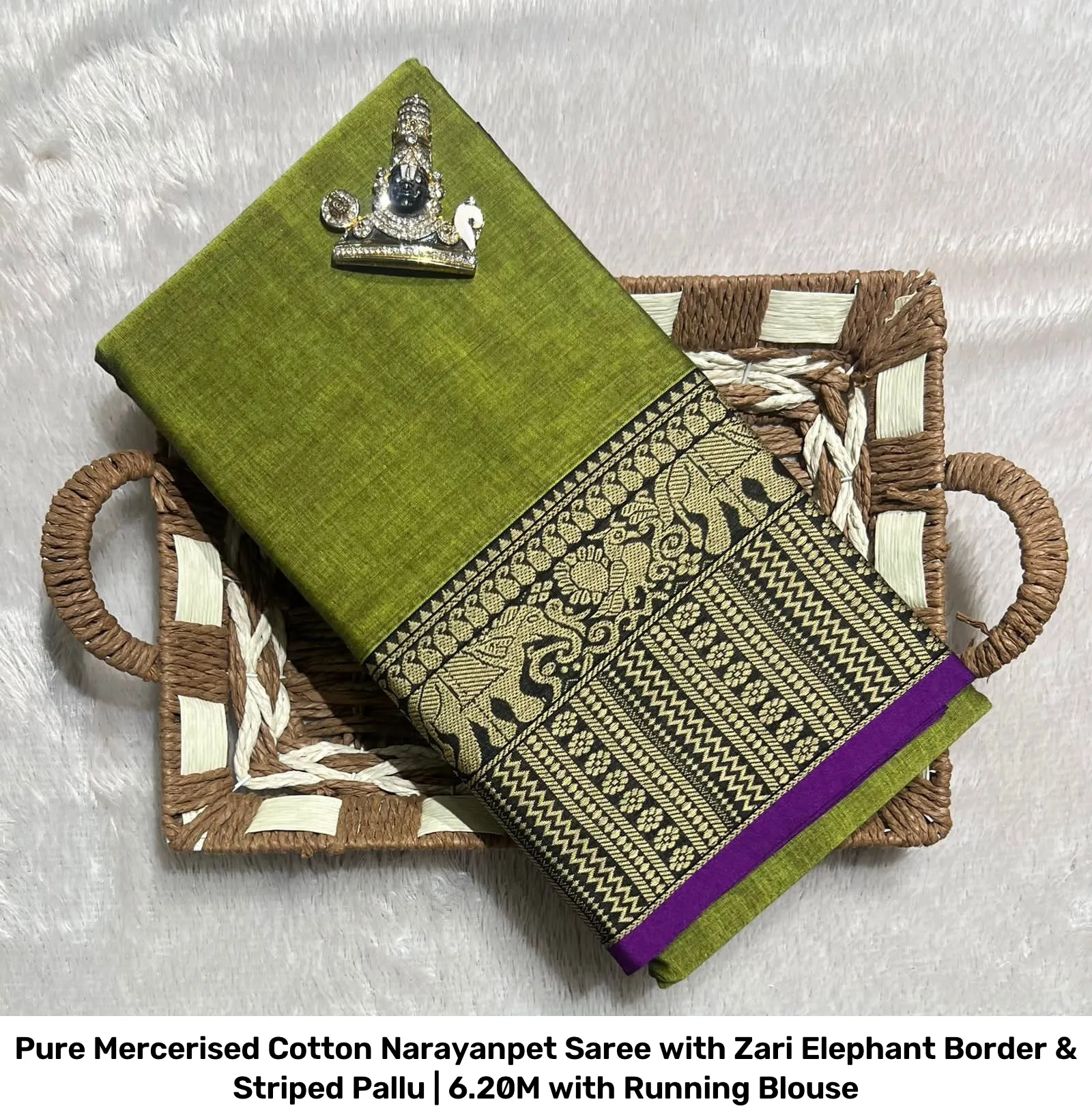 Pure Mercerised Cotton Narayanpet Saree with Zari Elephant Border & Striped Pallu | 6.20M with Running Blouse 17