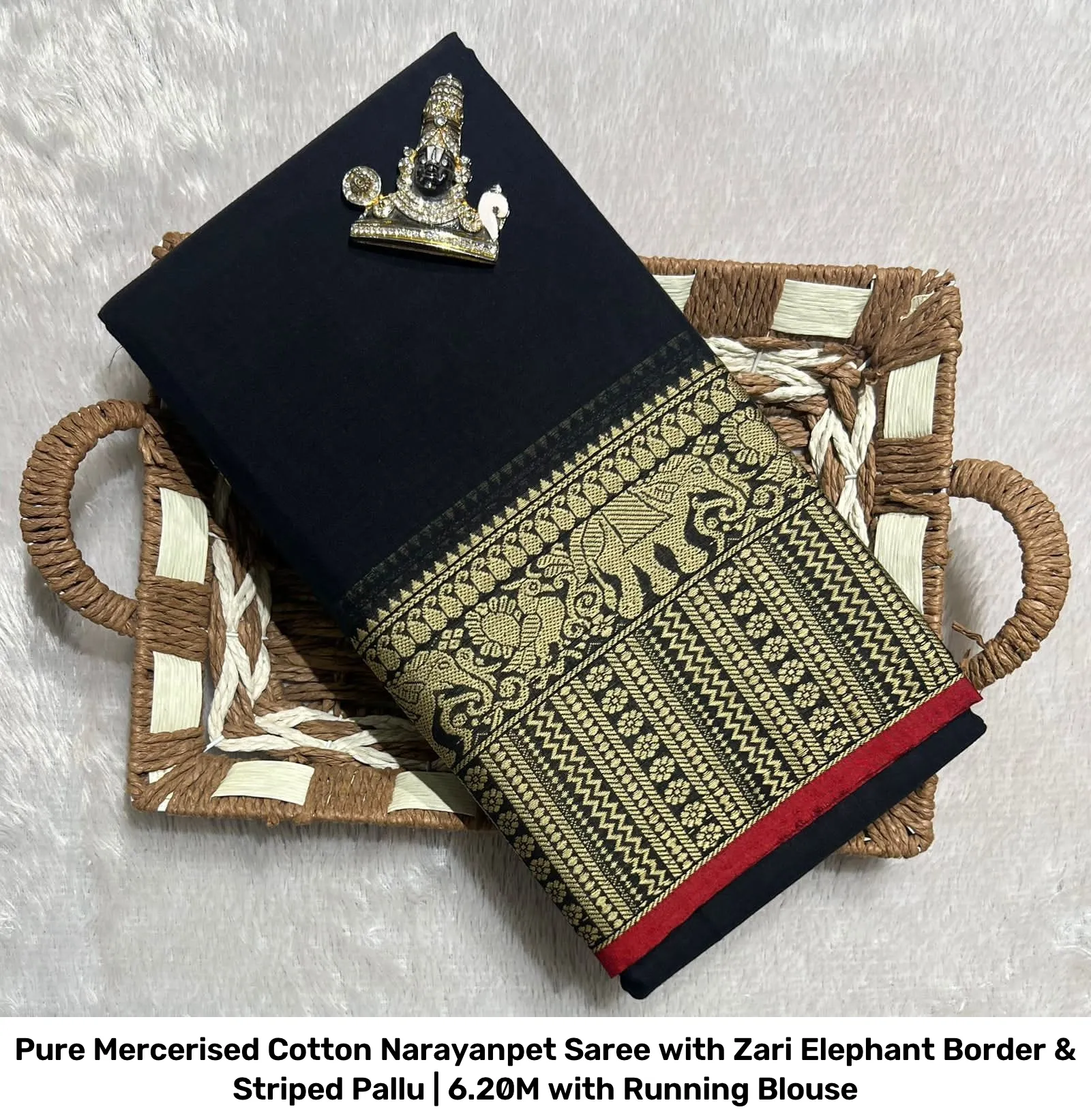 Pure Mercerised Cotton Narayanpet Saree with Zari Elephant Border & Striped Pallu | 6.20M with Running Blouse 19