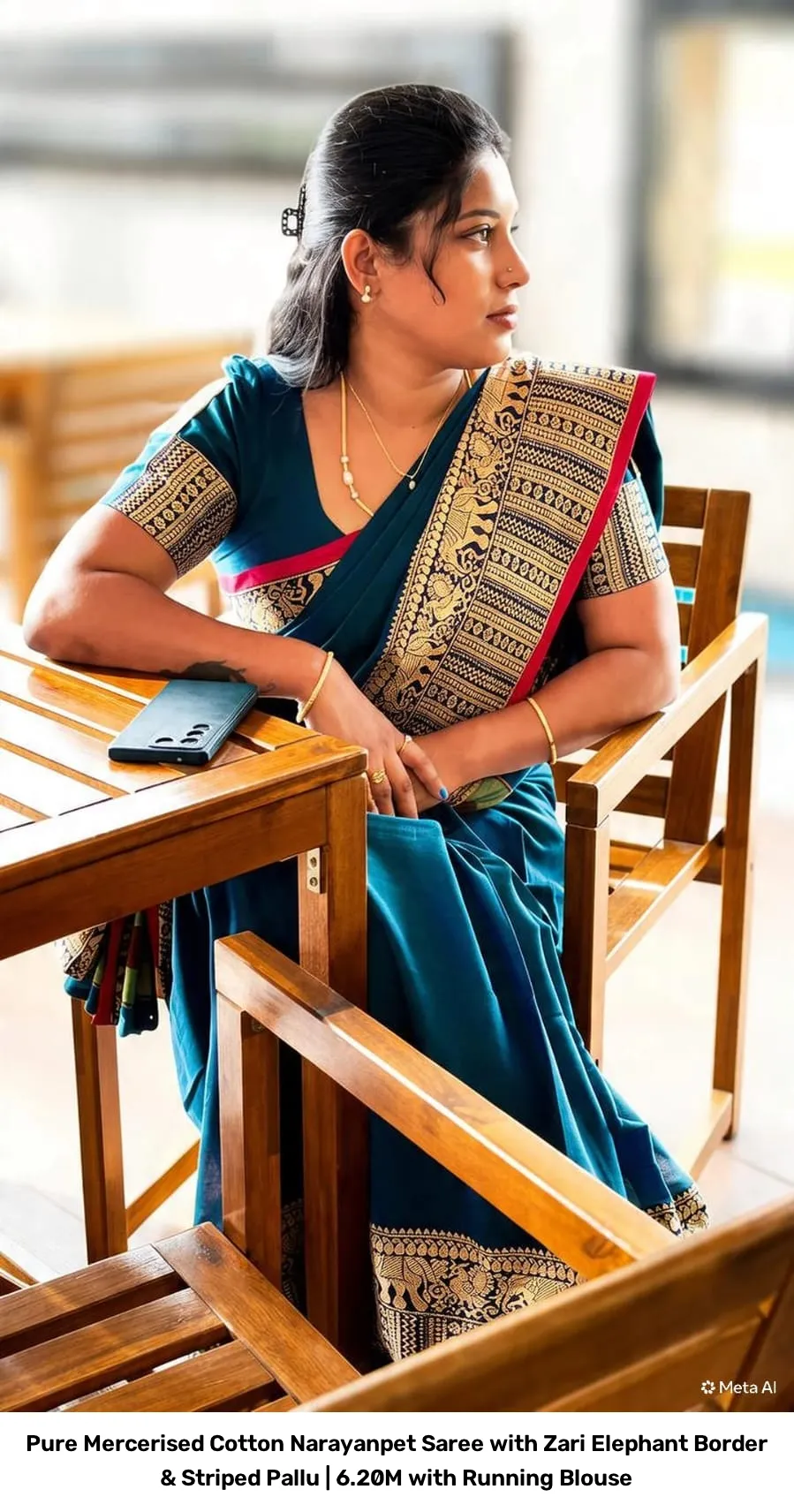 Pure Mercerised Cotton Narayanpet Saree with Zari Elephant Border & Striped Pallu | 6.20M with Running Blouse 2