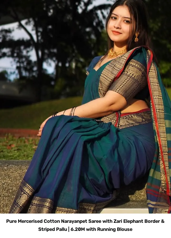 Pure Mercerised Cotton Narayanpet Saree with Zari Elephant Border & Striped Pallu | 6.20M with Running Blouse 20