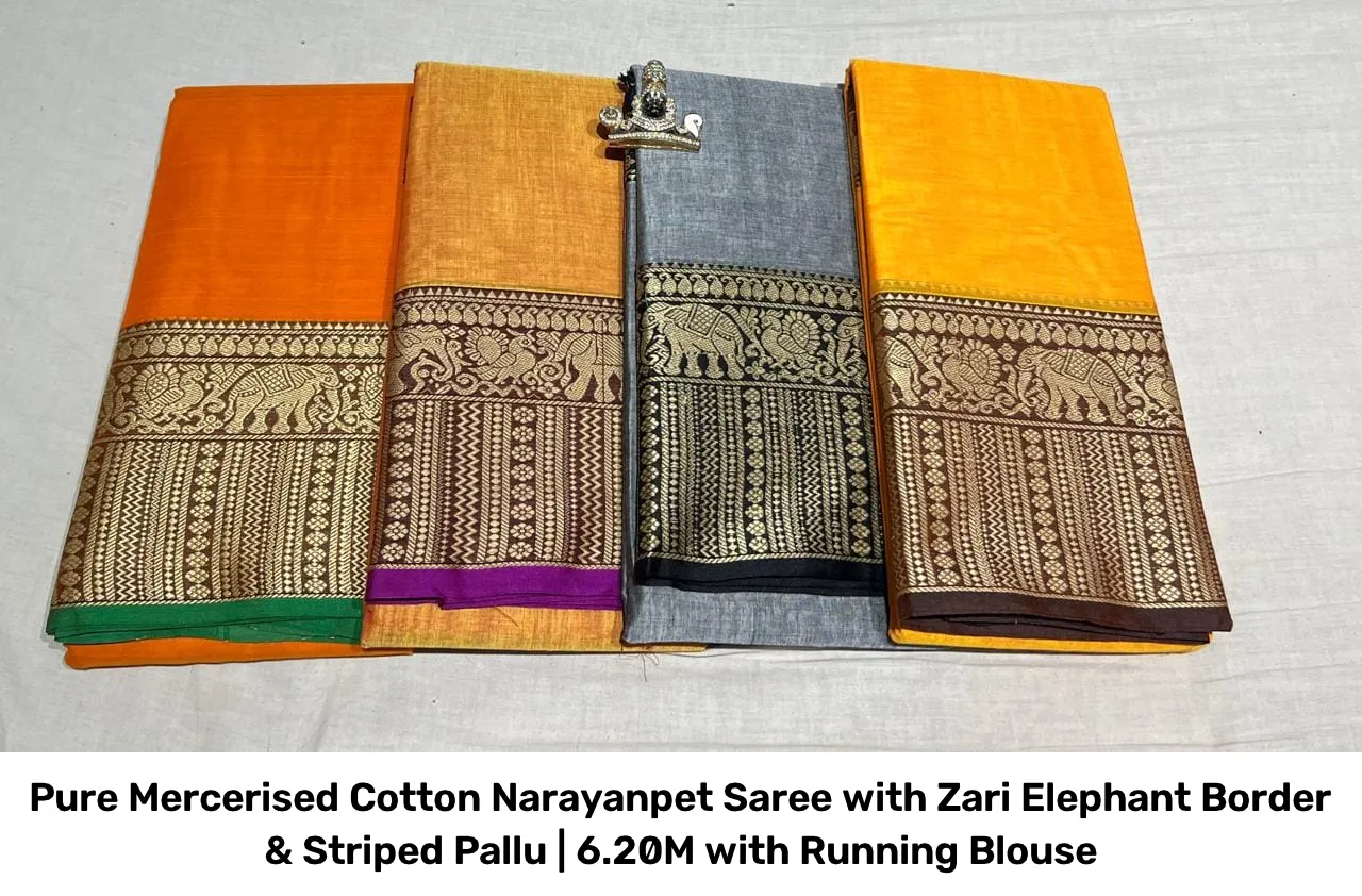 Pure Mercerised Cotton Narayanpet Saree with Zari Elephant Border & Striped Pallu | 6.20M with Running Blouse 3