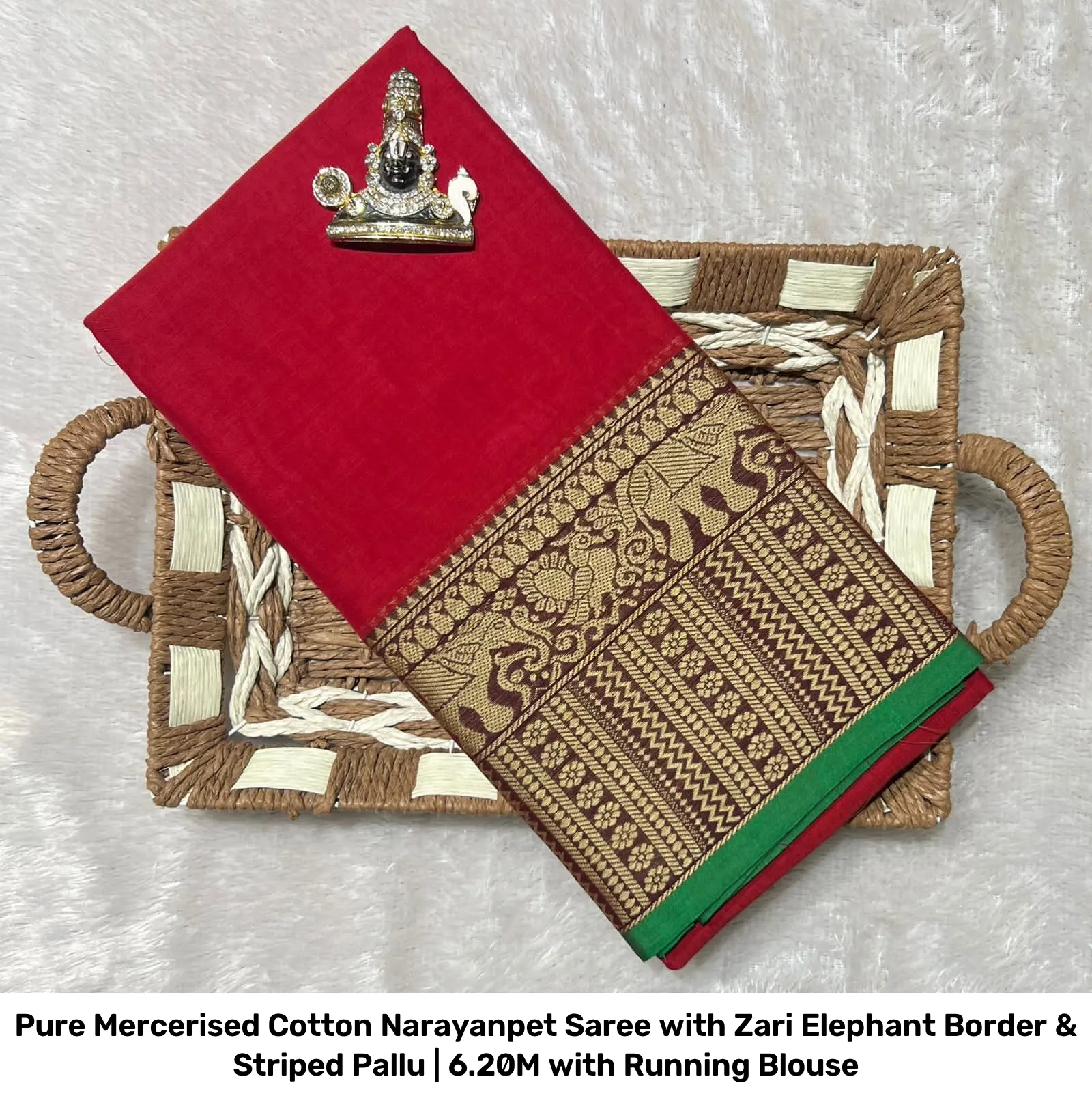 Pure Mercerised Cotton Narayanpet Saree with Zari Elephant Border & Striped Pallu | 6.20M with Running Blouse 4