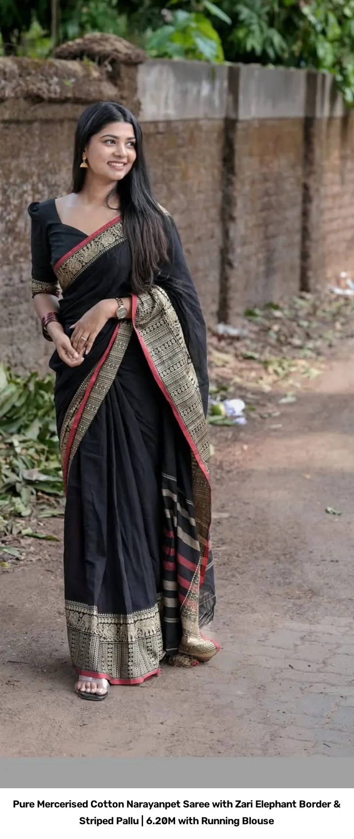 Pure Mercerised Cotton Narayanpet Saree with Zari Elephant Border & Striped Pallu | 6.20M with Running Blouse 5