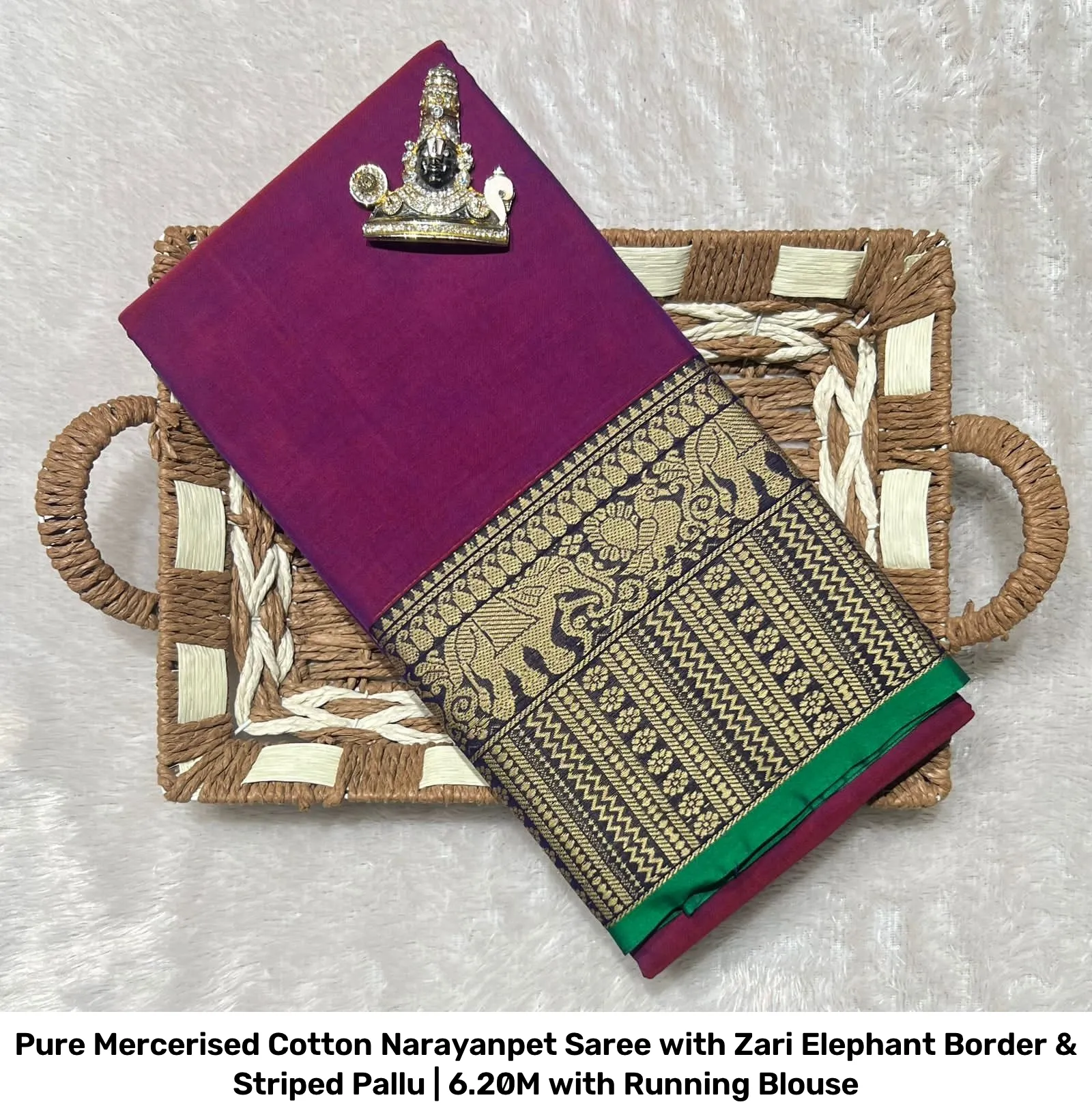 Pure Mercerised Cotton Narayanpet Saree with Zari Elephant Border & Striped Pallu | 6.20M with Running Blouse 6