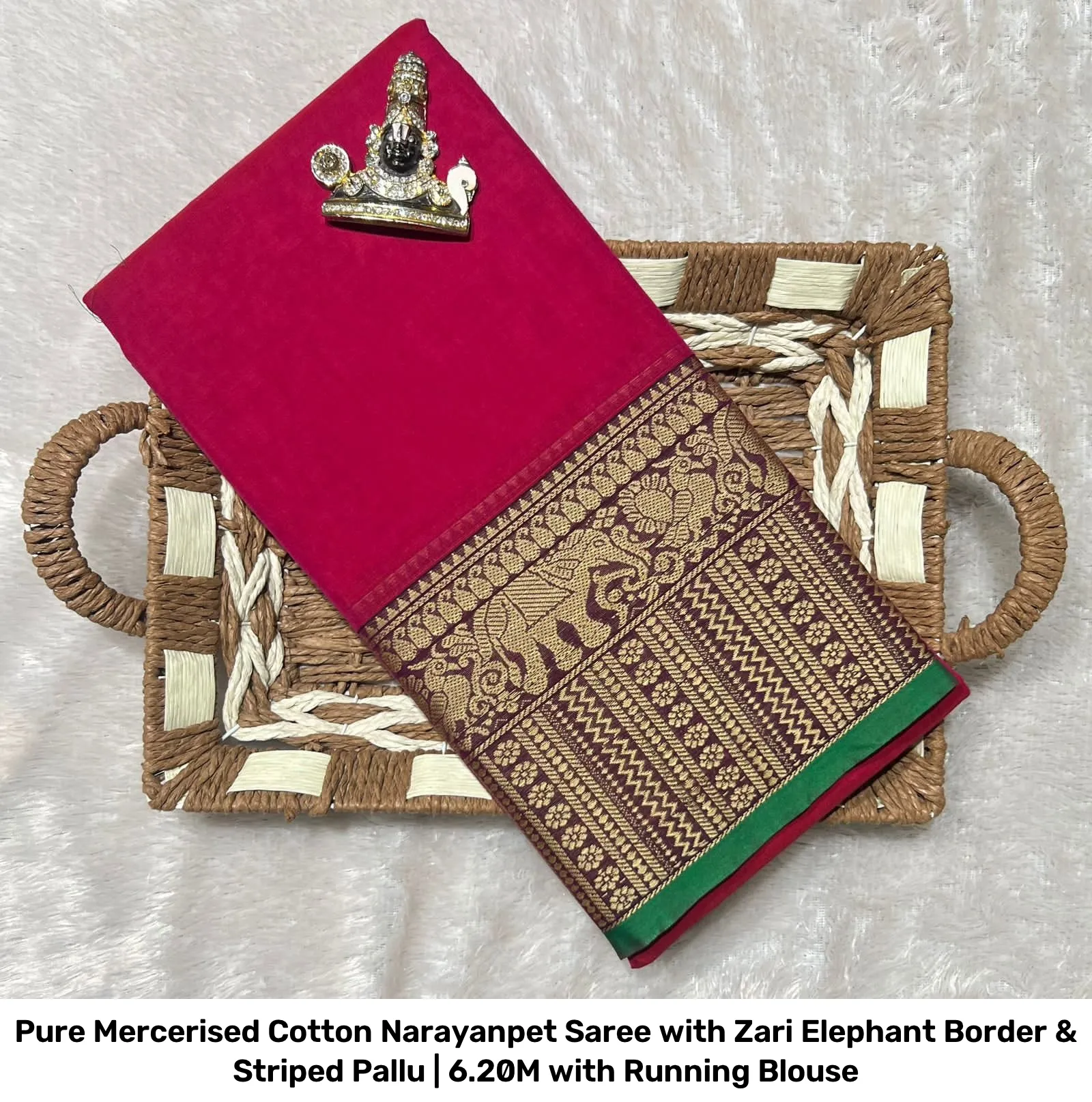 Pure Mercerised Cotton Narayanpet Saree with Zari Elephant Border & Striped Pallu | 6.20M with Running Blouse 7