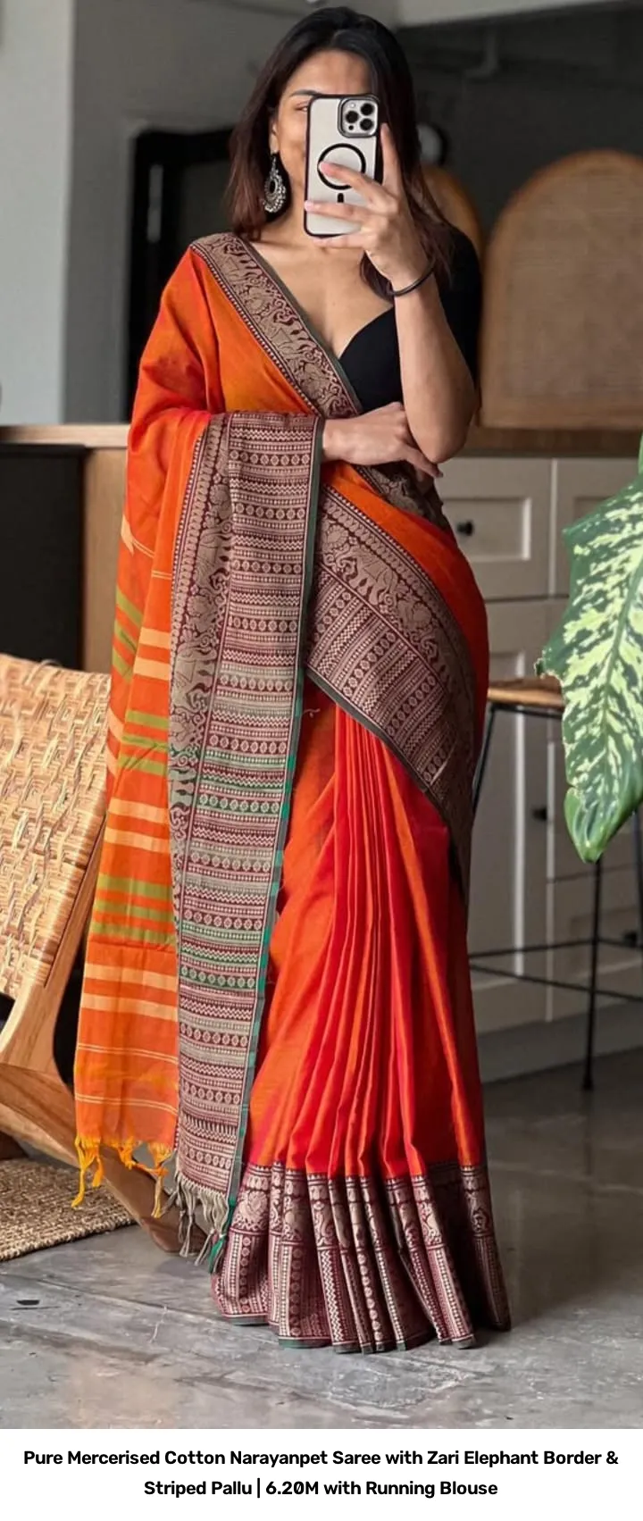Pure Mercerised Cotton Narayanpet Saree with Zari Elephant Border & Striped Pallu | 6.20M with Running Blouse 8
