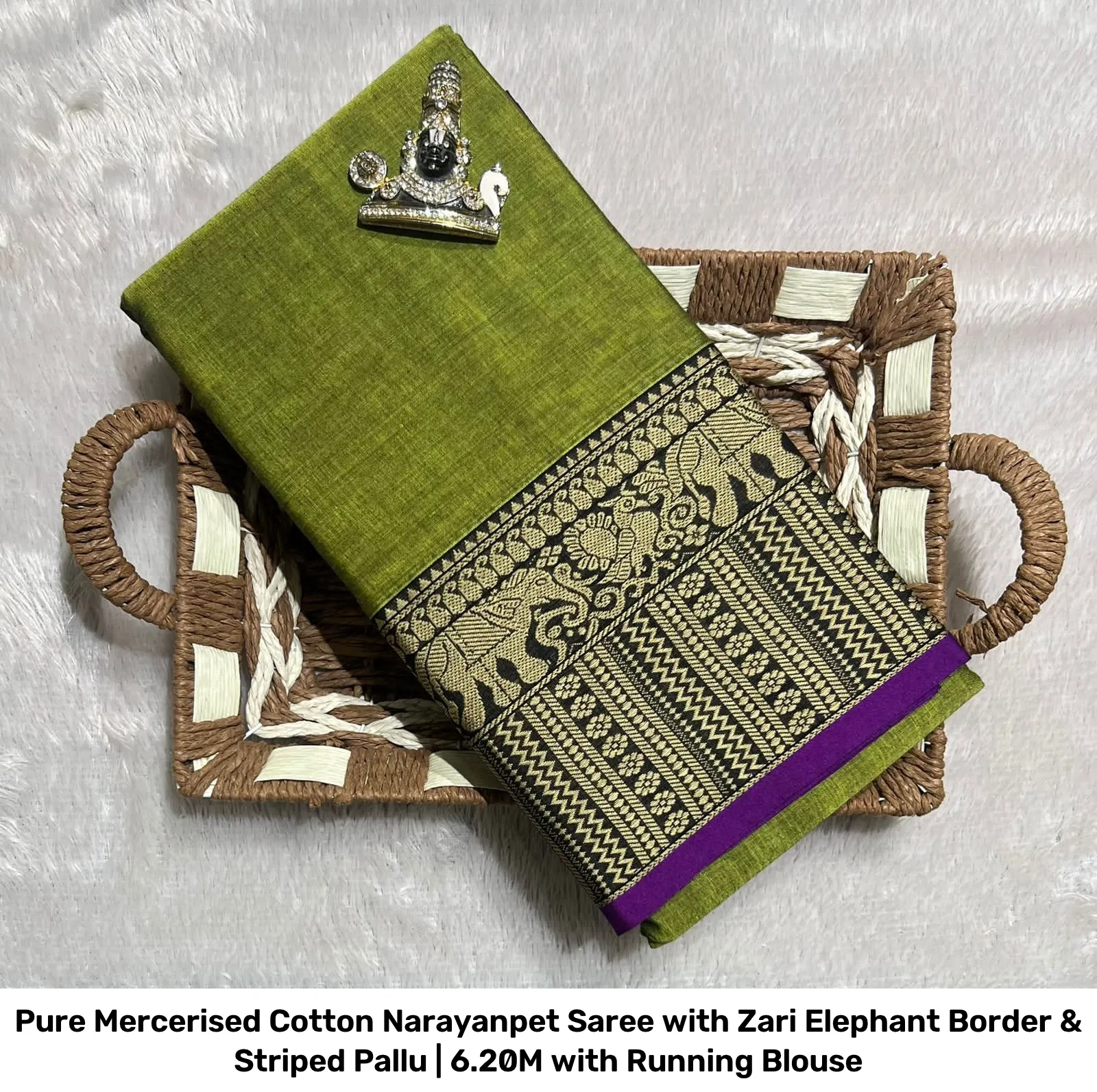 Pure Mercerised Cotton Narayanpet Saree with Zari Elephant Border & Striped Pallu | 6.20M with Running Blouse 9