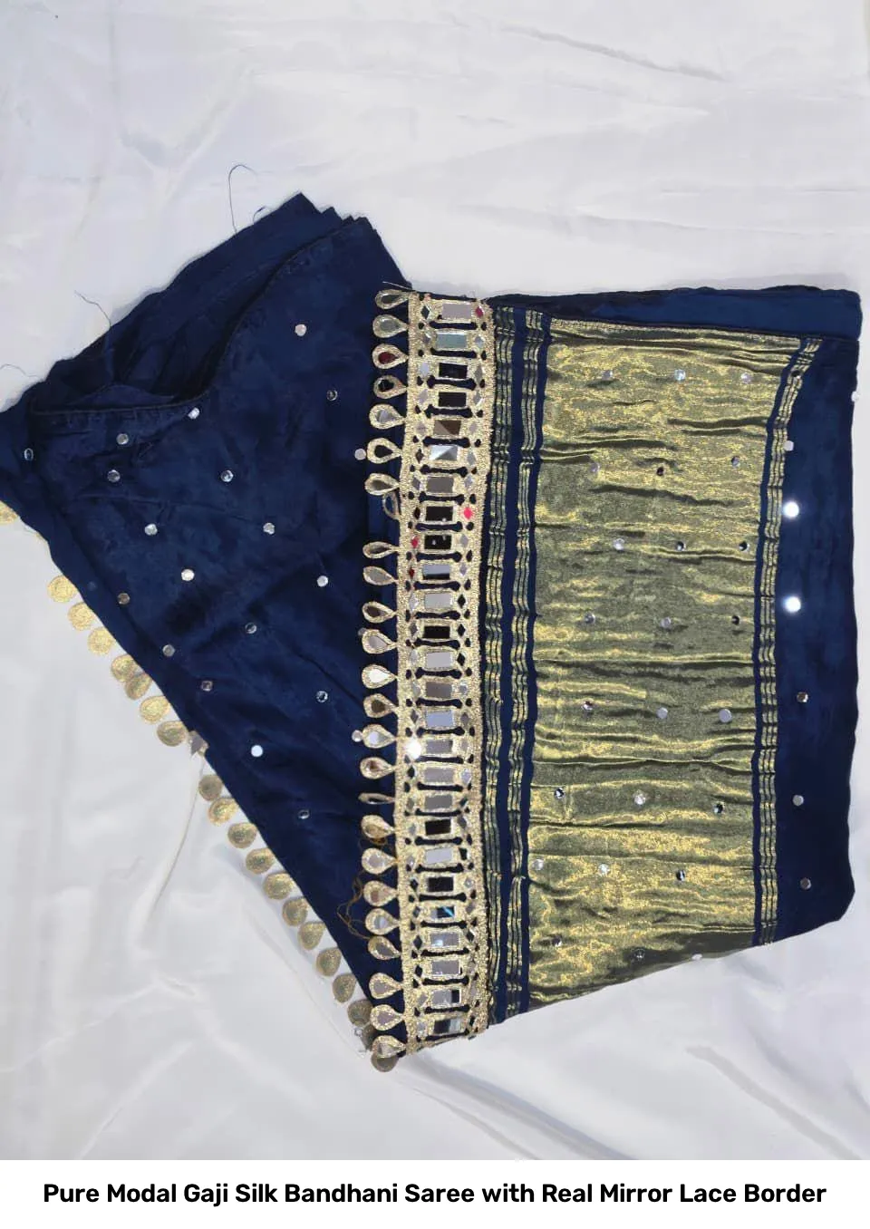 Pure Modal Gaji Silk Bandhani Saree with Real Mirror Lace Border 11