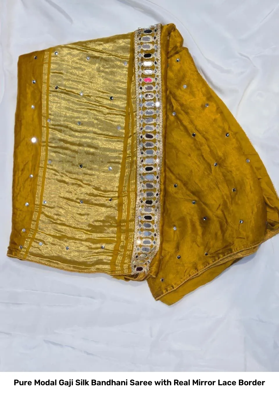 Pure Modal Gaji Silk Bandhani Saree with Real Mirror Lace Border 12