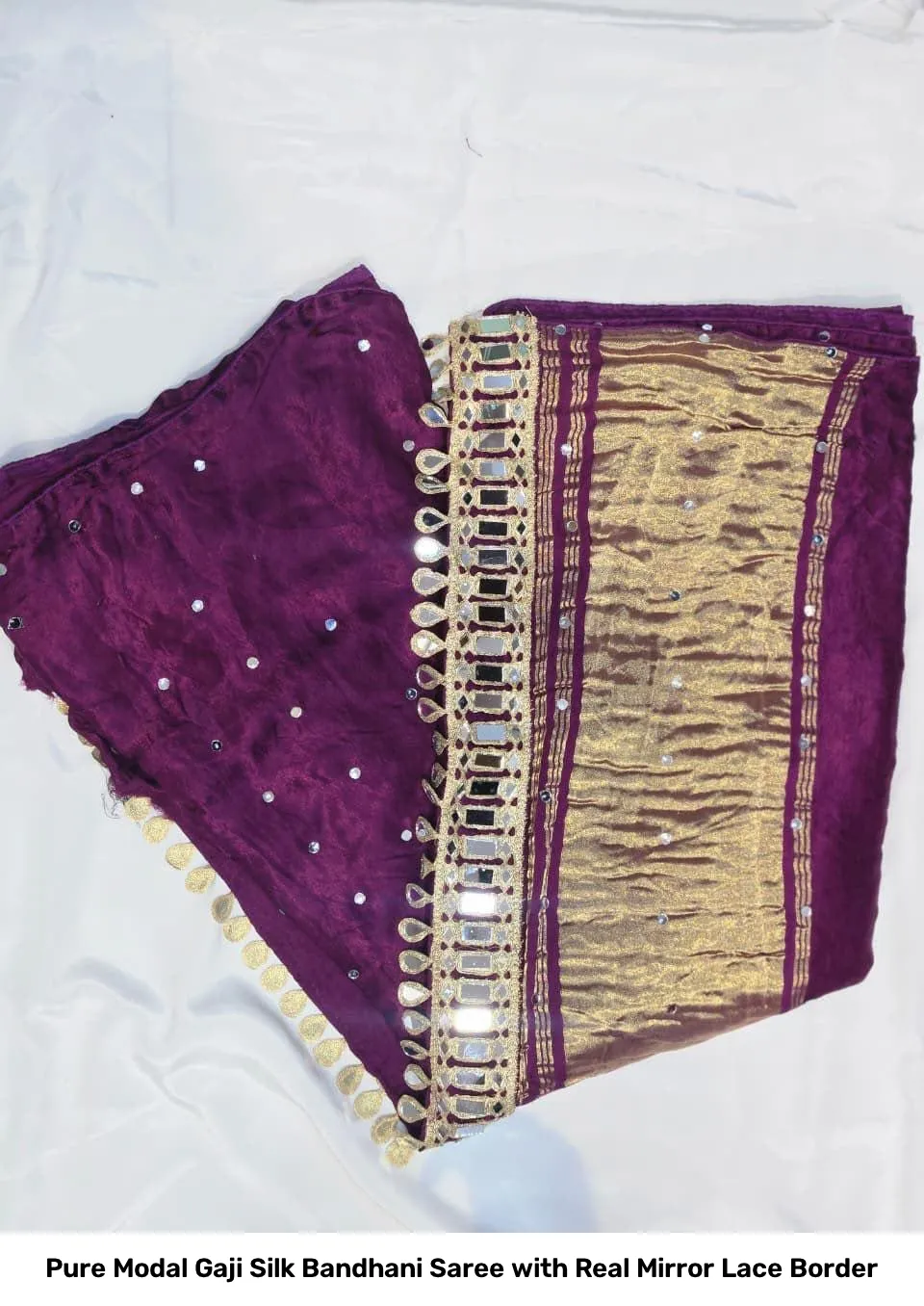 Pure Modal Gaji Silk Bandhani Saree with Real Mirror Lace Border 13