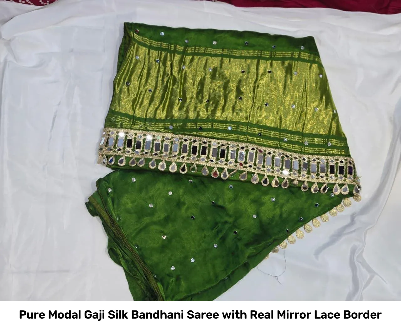 Pure Modal Gaji Silk Bandhani Saree with Real Mirror Lace Border 2