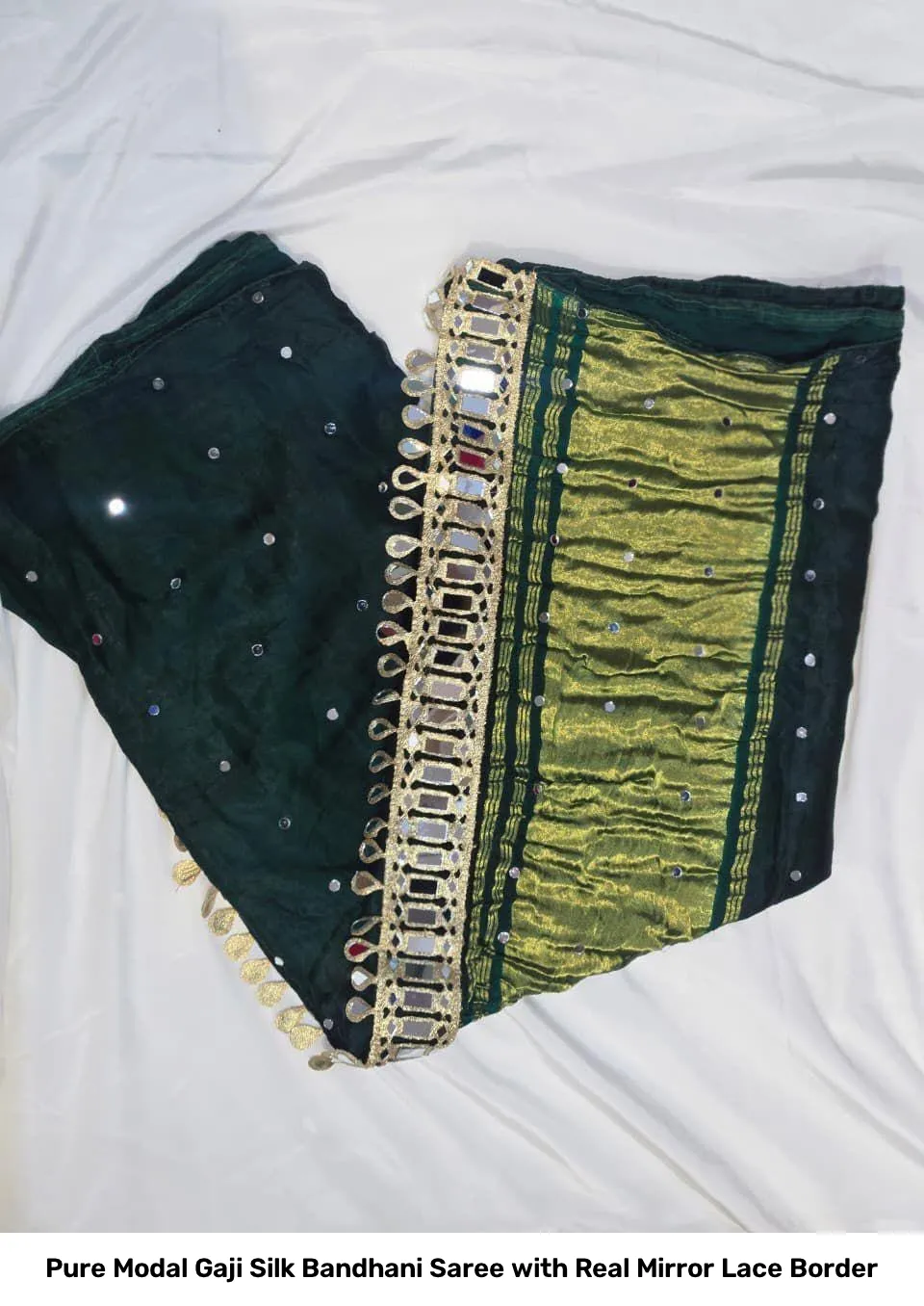 Pure Modal Gaji Silk Bandhani Saree with Real Mirror Lace Border 3