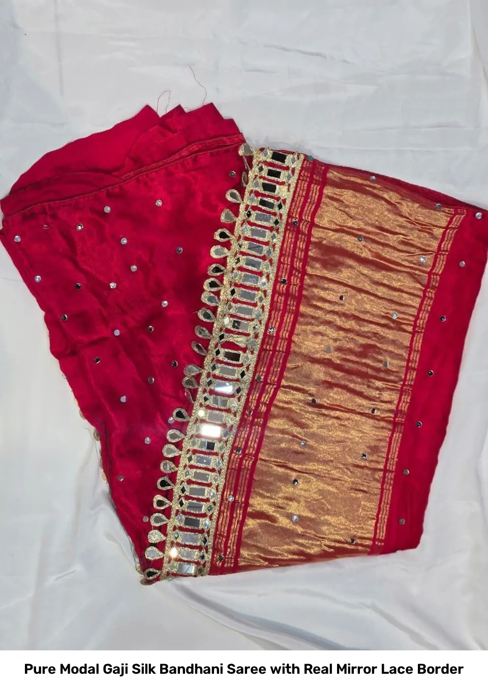 Pure Modal Gaji Silk Bandhani Saree with Real Mirror Lace Border 4