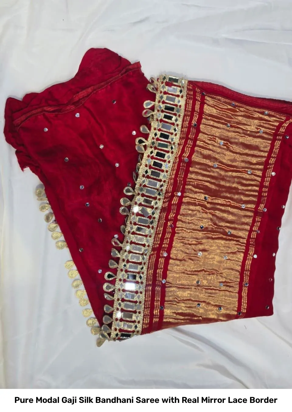 Pure Modal Gaji Silk Bandhani Saree with Real Mirror Lace Border 5
