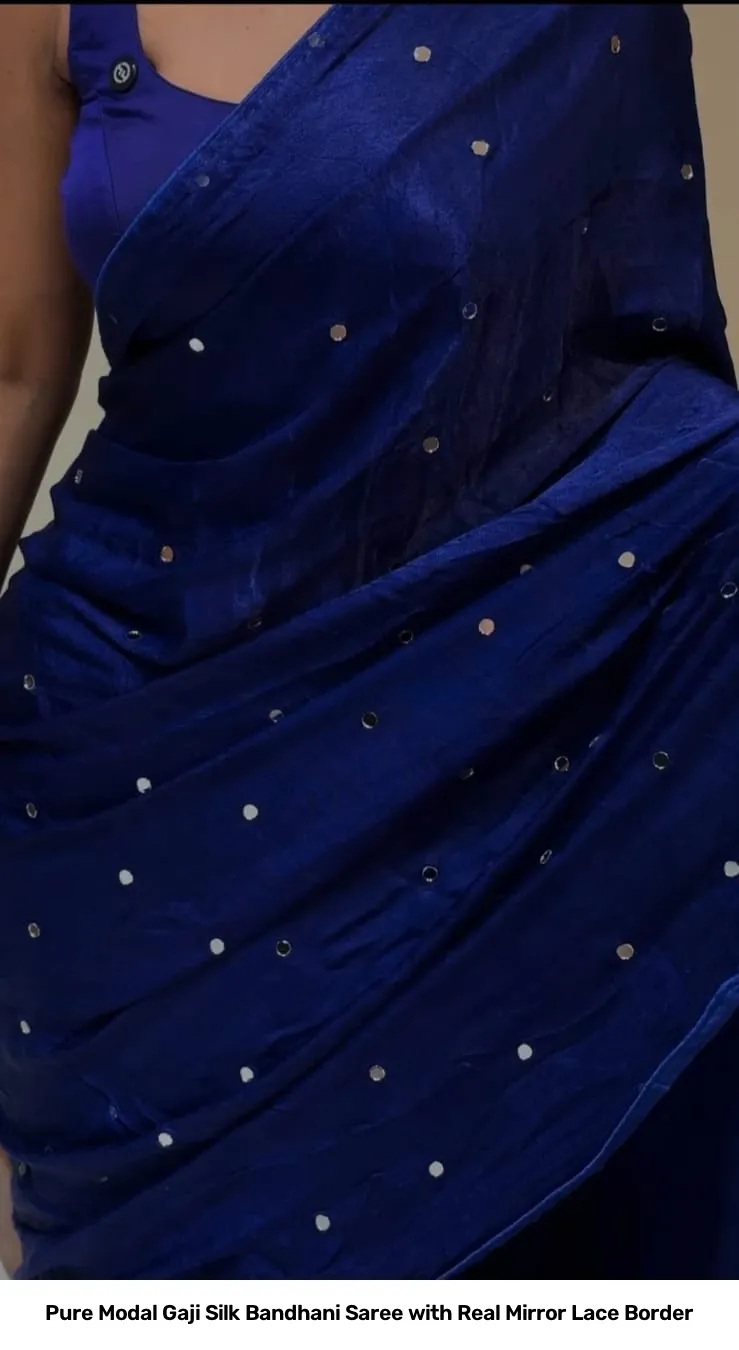 Pure Modal Gaji Silk Bandhani Saree with Real Mirror Lace Border 6