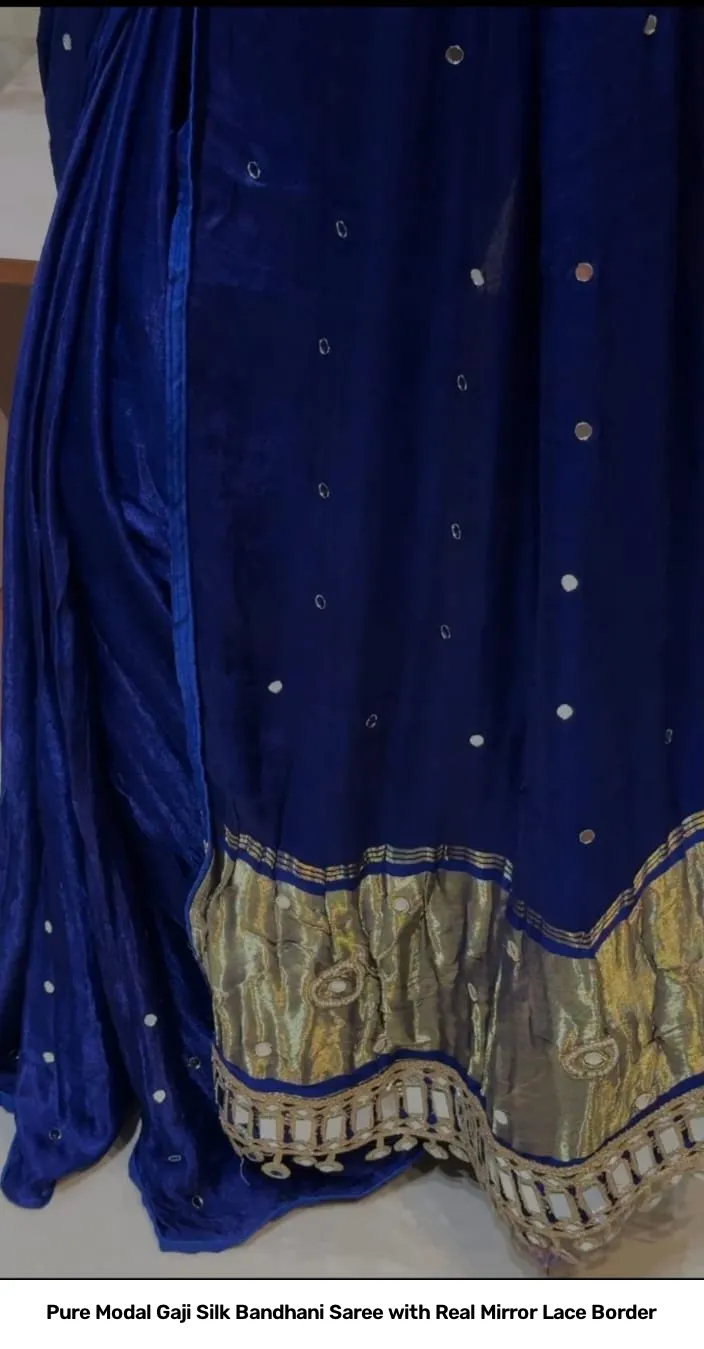 Pure Modal Gaji Silk Bandhani Saree with Real Mirror Lace Border 7