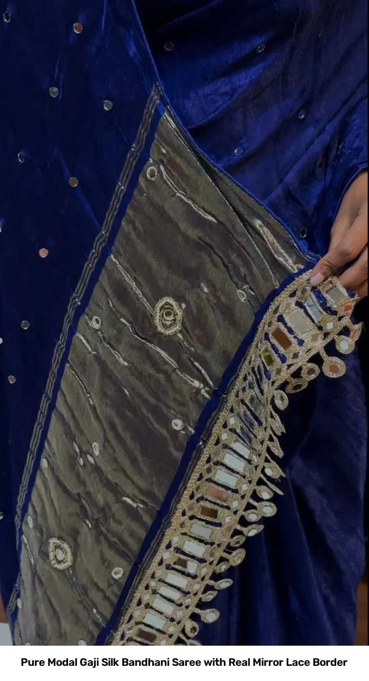 Pure Modal Gaji Silk Bandhani Saree with Real Mirror Lace Border 8