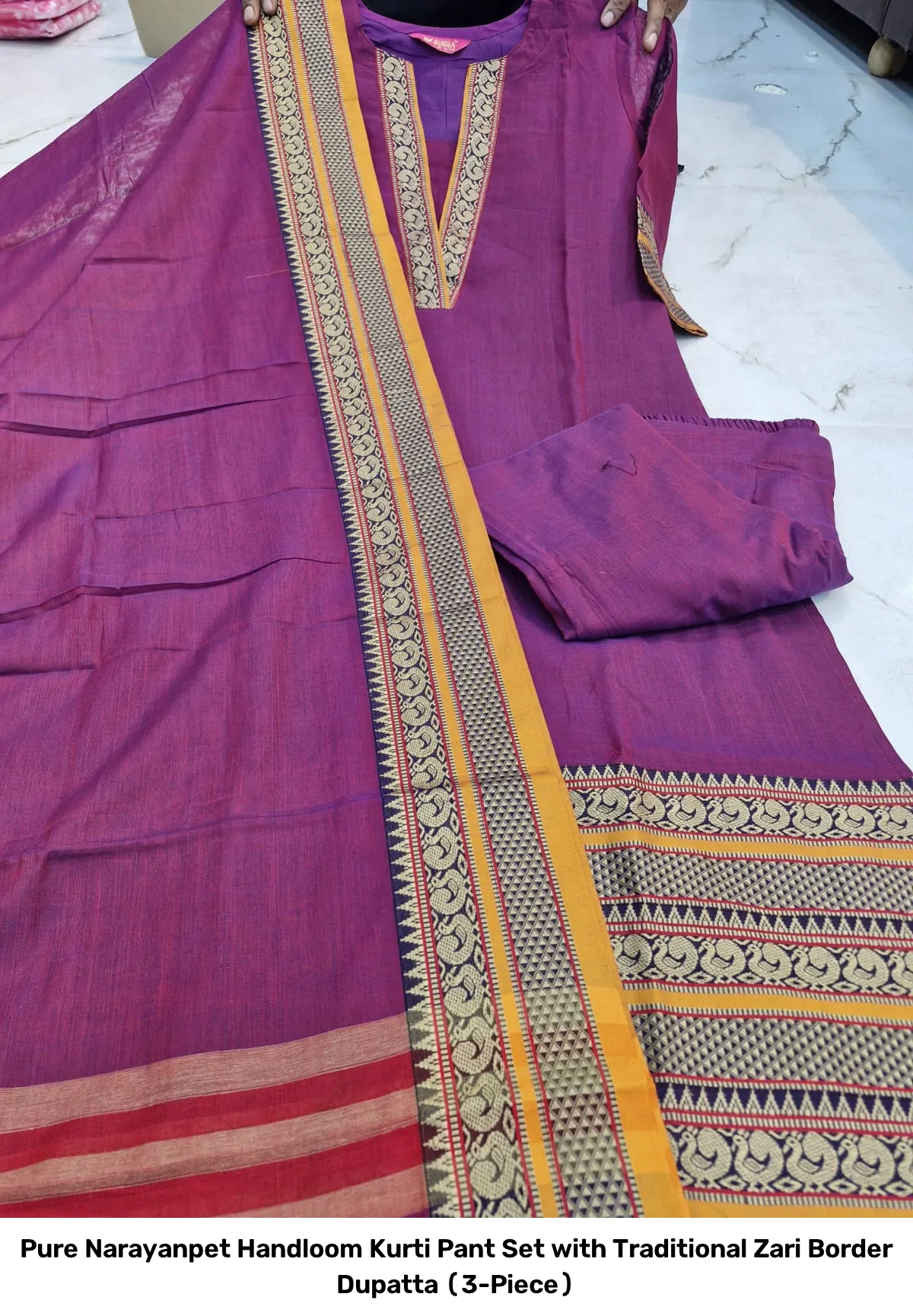 Pure Narayanpet Handloom Kurti Pant Set with Traditional Zari Border Dupatta (3-Piece) 2
