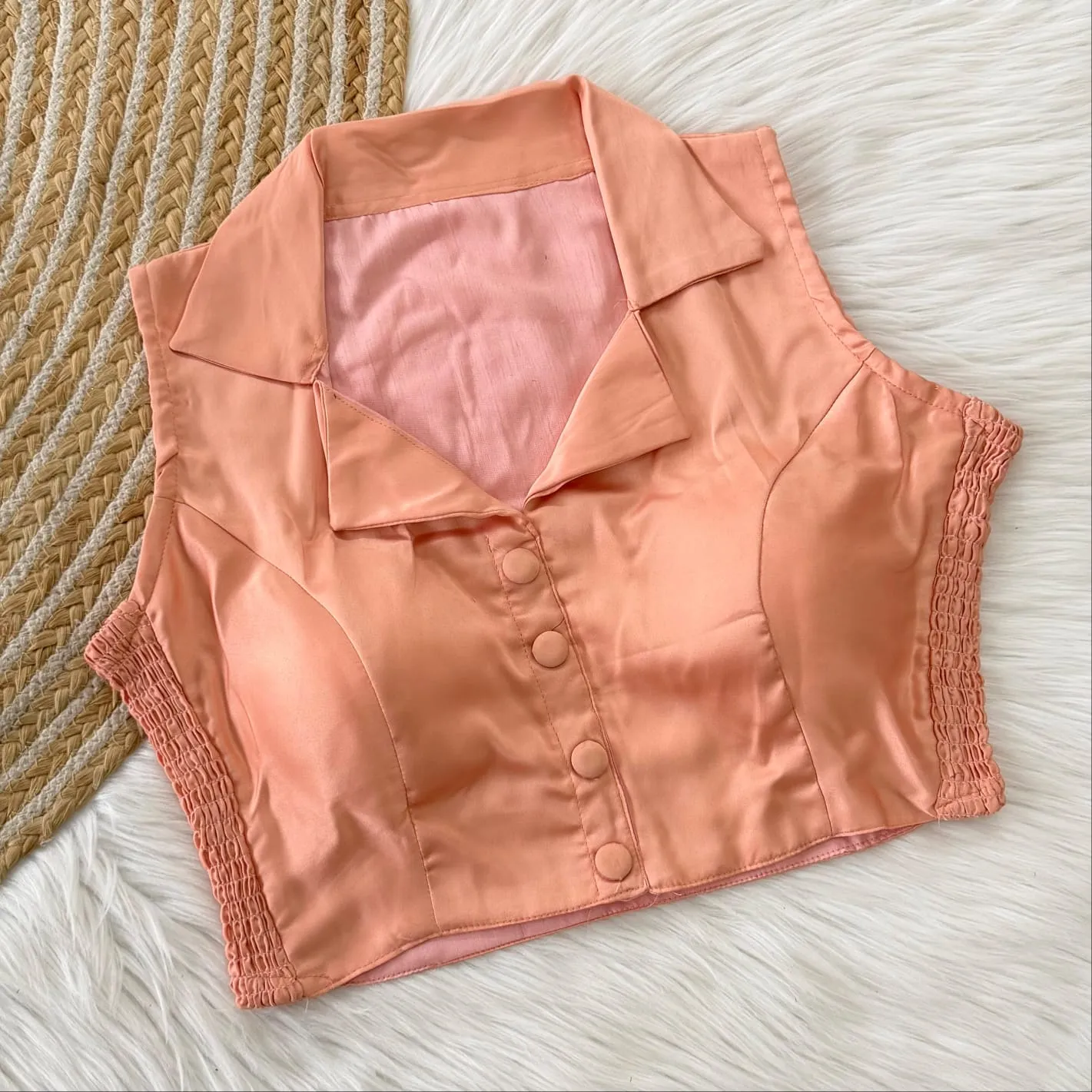Pure Silk Collar Neck Readymade Blouse Wholesale – Sleeveless Padded Crop Blouse with Side Elastic (Bust 38–42)