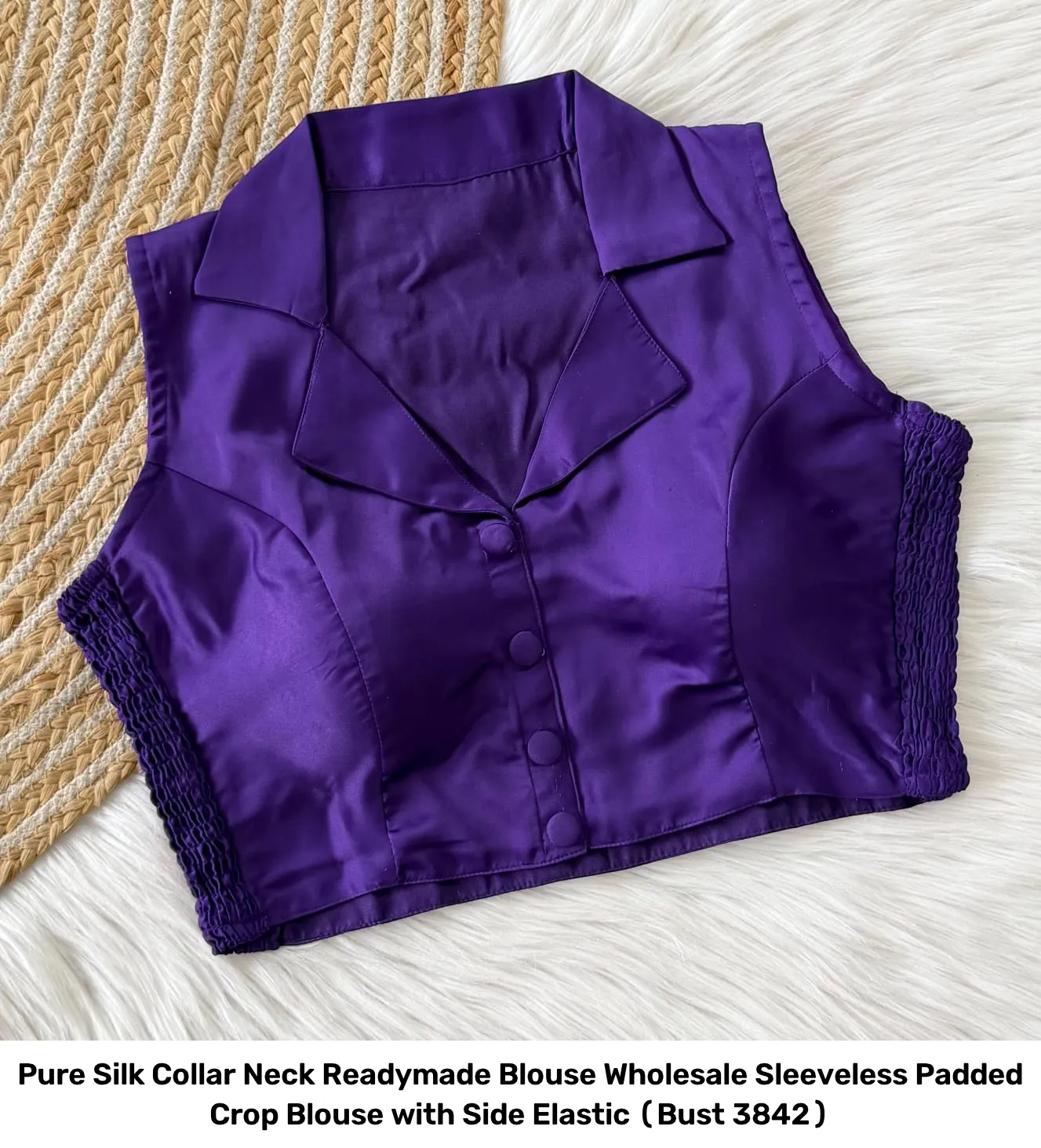 Pure Silk Collar Neck Readymade Blouse Wholesale – Sleeveless Padded Crop Blouse with Side Elastic (Bust 38–42) 15