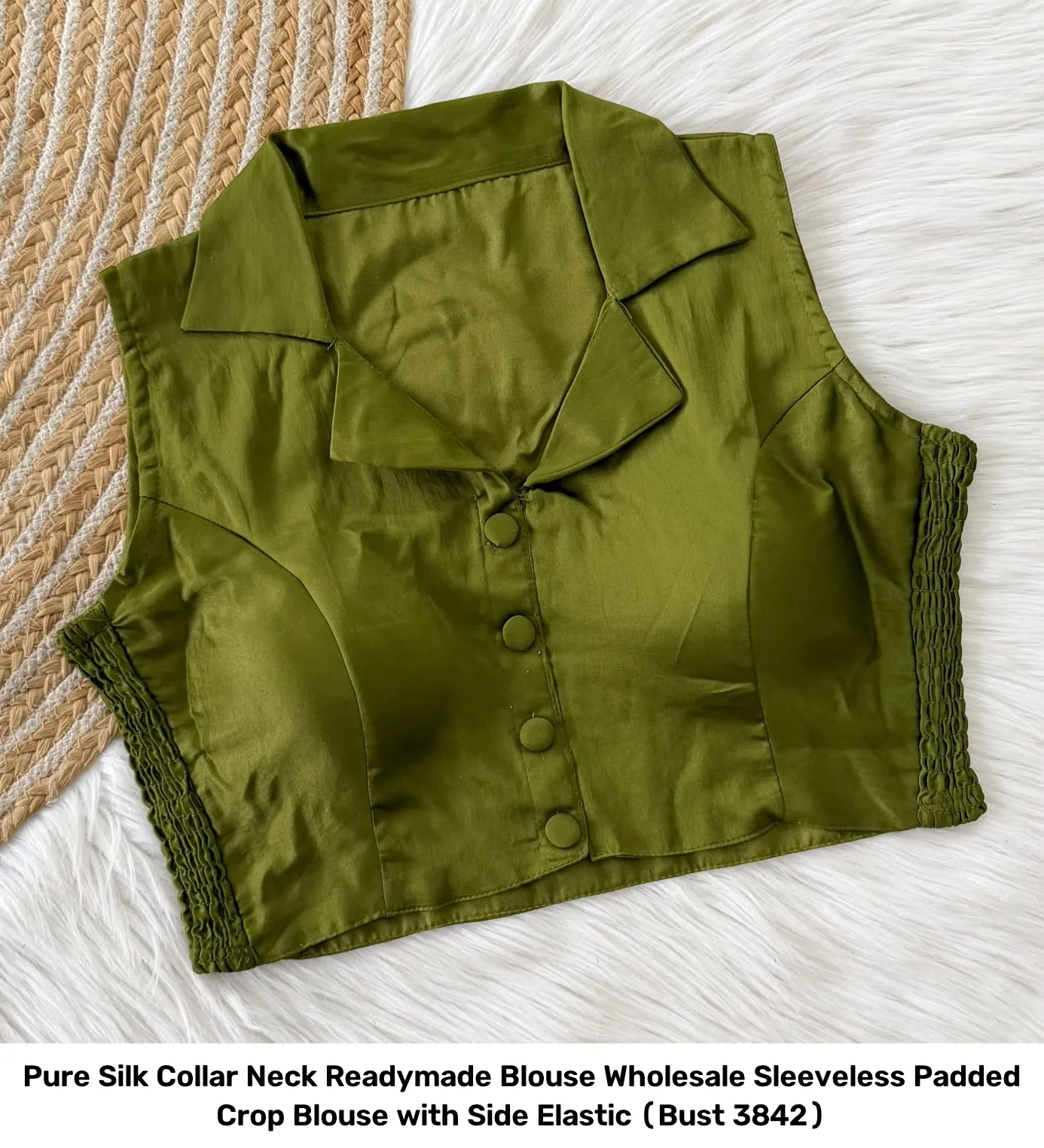 Pure Silk Collar Neck Readymade Blouse Wholesale – Sleeveless Padded Crop Blouse with Side Elastic (Bust 38–42) 16