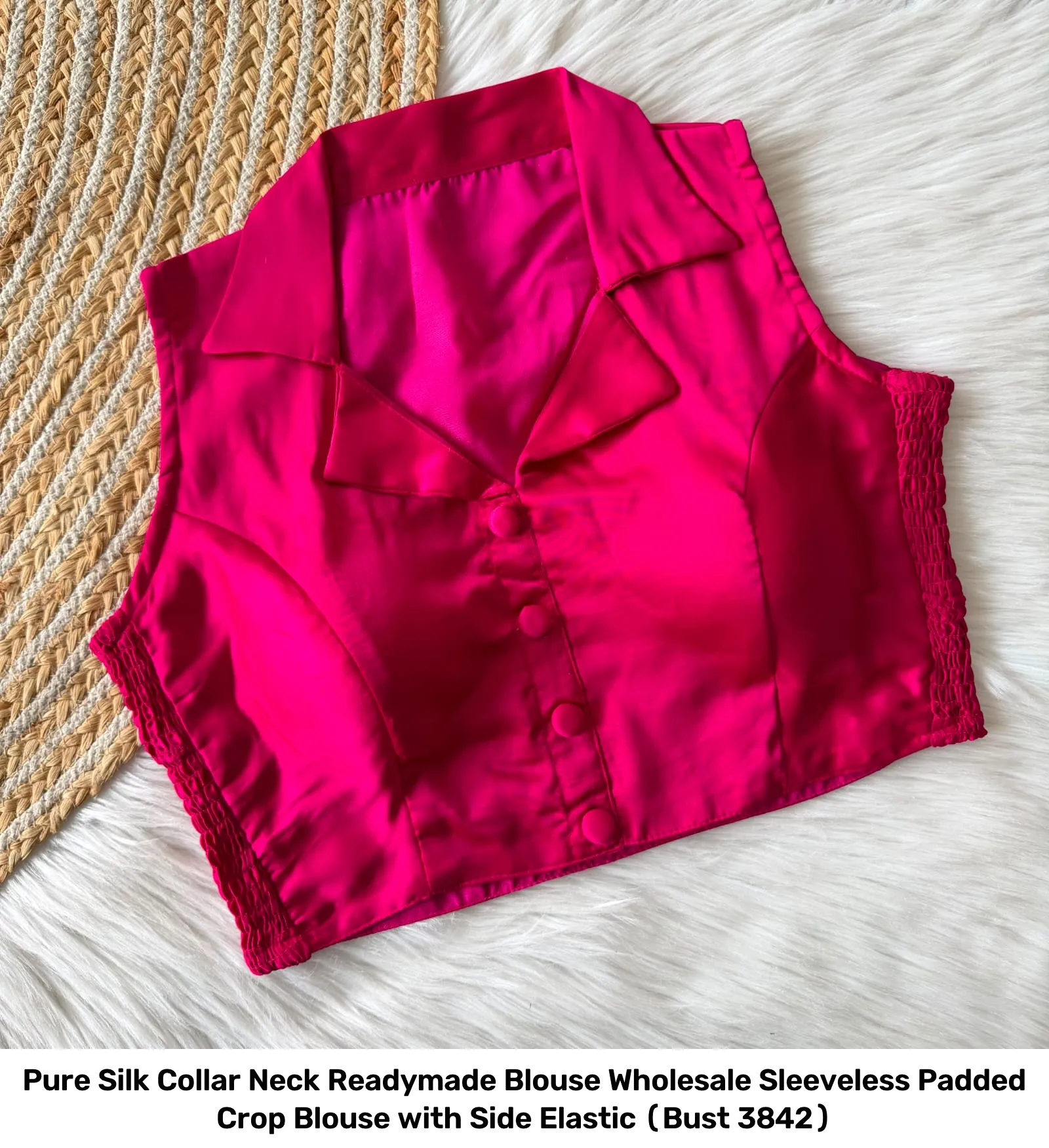 Pure Silk Collar Neck Readymade Blouse Wholesale – Sleeveless Padded Crop Blouse with Side Elastic (Bust 38–42) 3