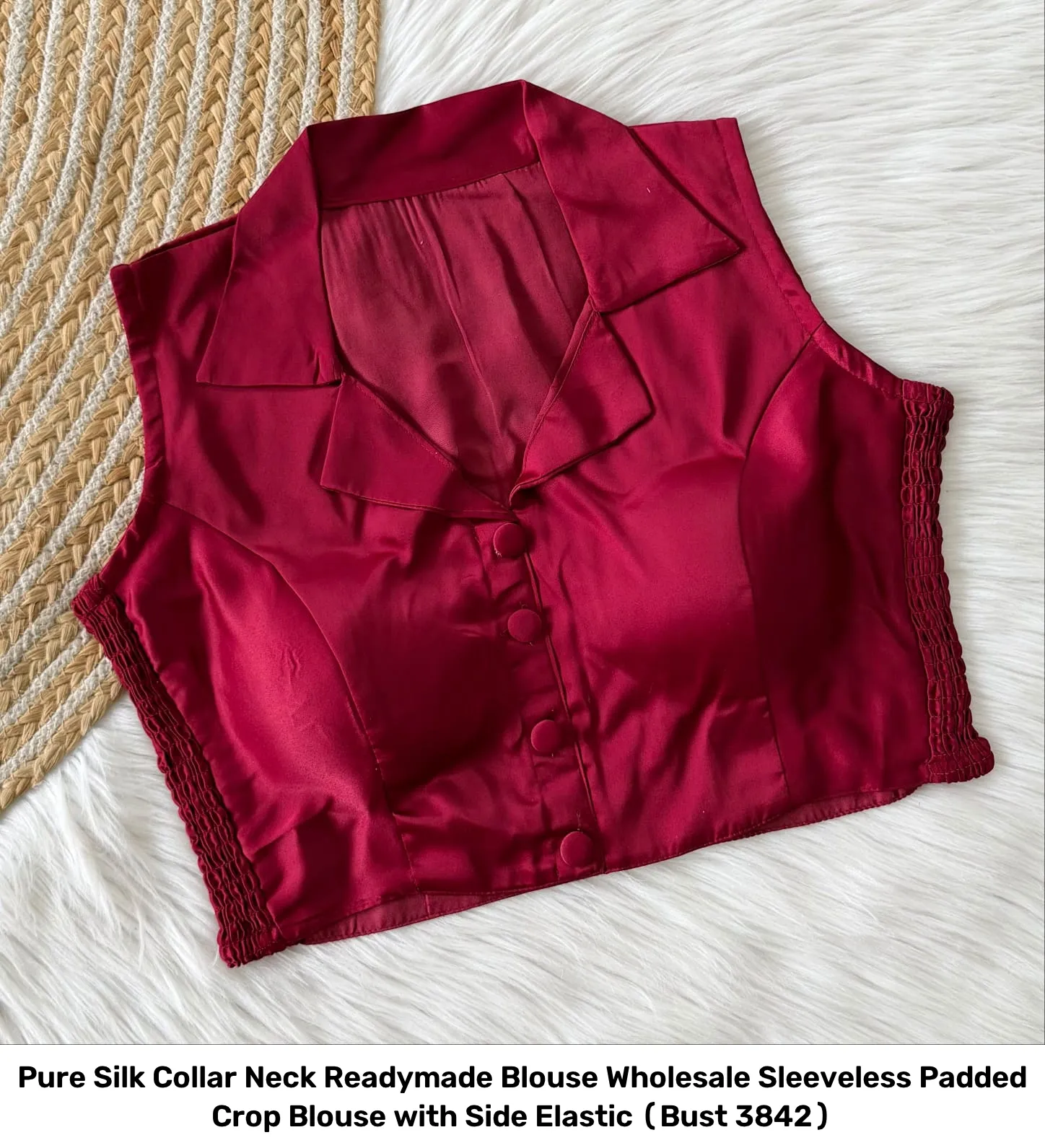 Pure Silk Collar Neck Readymade Blouse Wholesale – Sleeveless Padded Crop Blouse with Side Elastic (Bust 38–42) 4