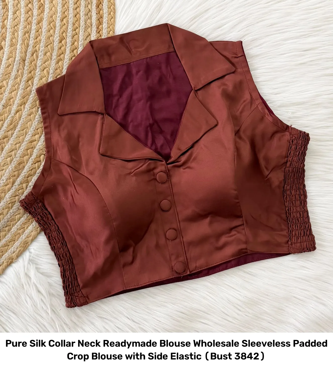 Pure Silk Collar Neck Readymade Blouse Wholesale – Sleeveless Padded Crop Blouse with Side Elastic (Bust 38–42) 5