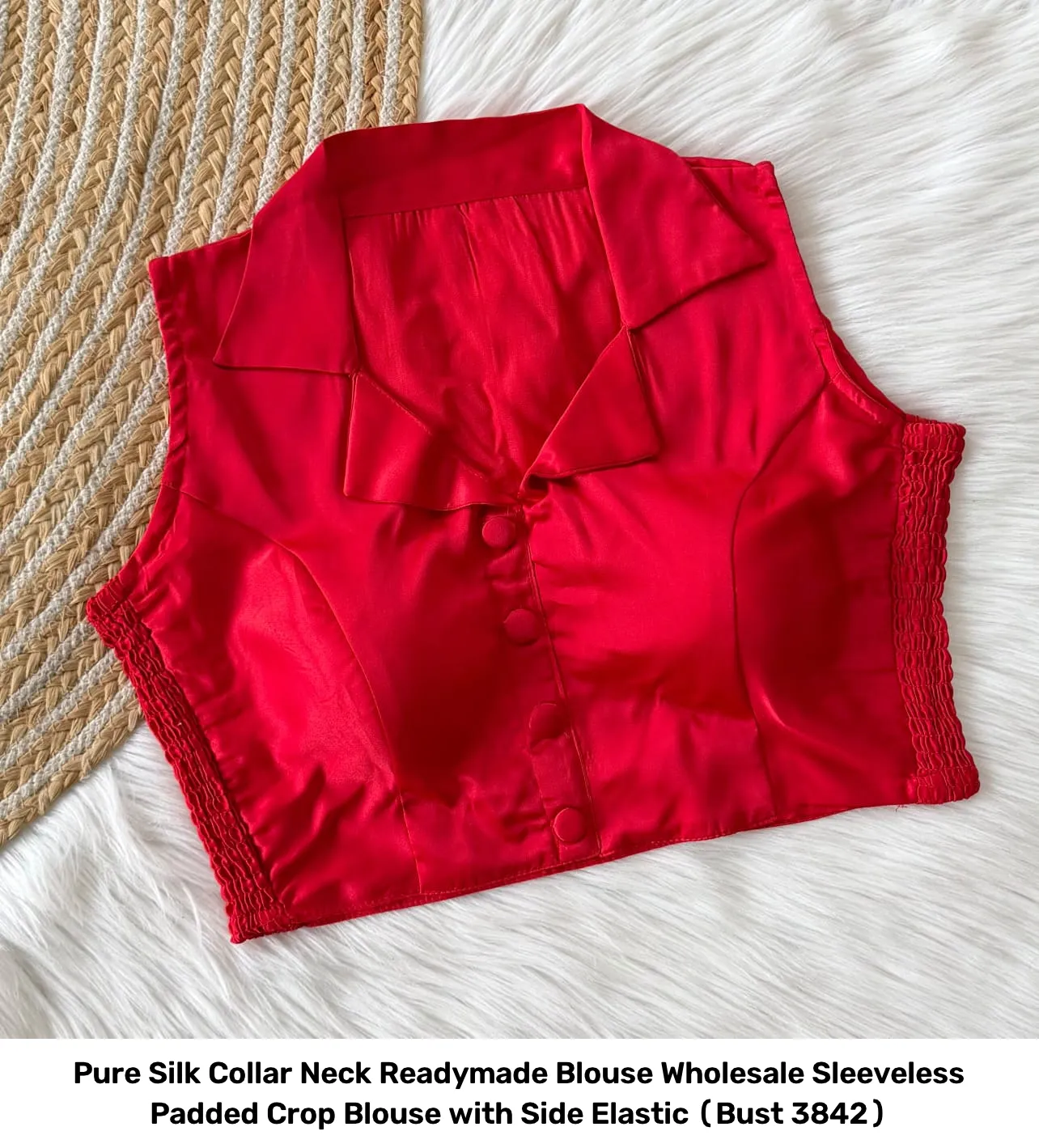 Pure Silk Collar Neck Readymade Blouse Wholesale – Sleeveless Padded Crop Blouse with Side Elastic (Bust 38–42) 6