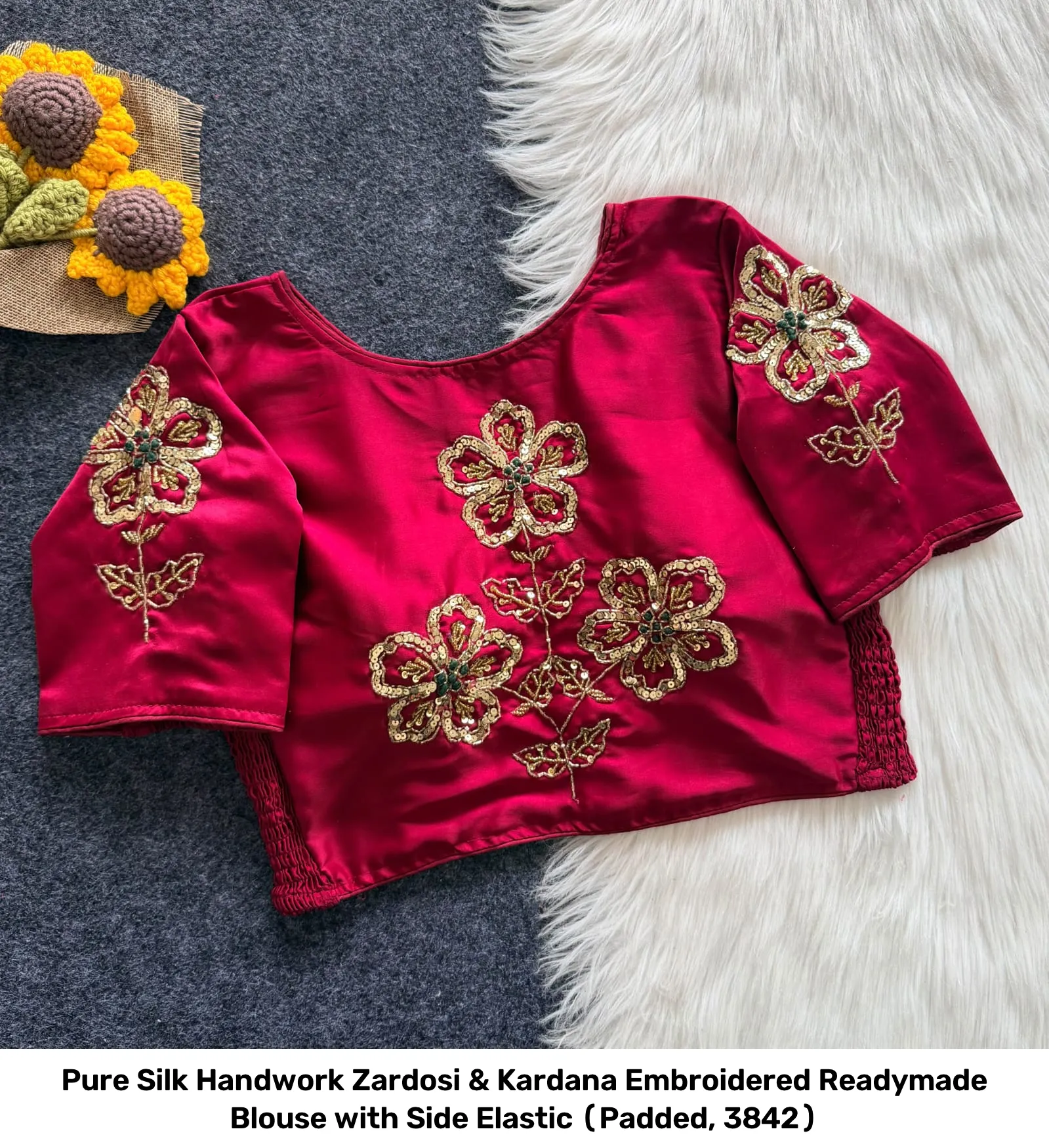 Pure Silk Handwork Zardosi & Kardana Embroidered Readymade Blouse with Side Elastic (Padded, 38–42) 3