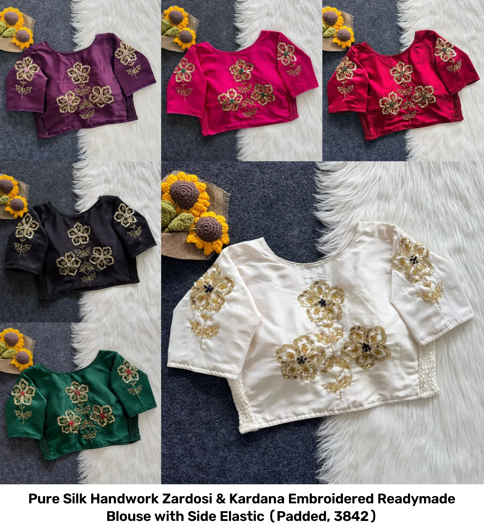 Pure Silk Handwork Zardosi & Kardana Embroidered Readymade Blouse with Side Elastic (Padded, 38–42) 4