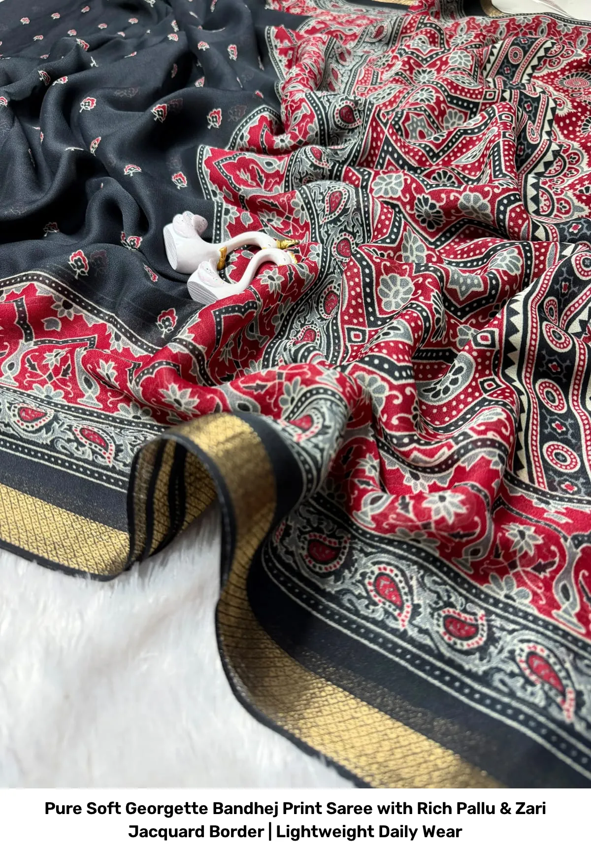 Pure Soft Georgette Bandhej Print Saree with Rich Pallu & Zari Jacquard Border | Lightweight Daily Wear 7