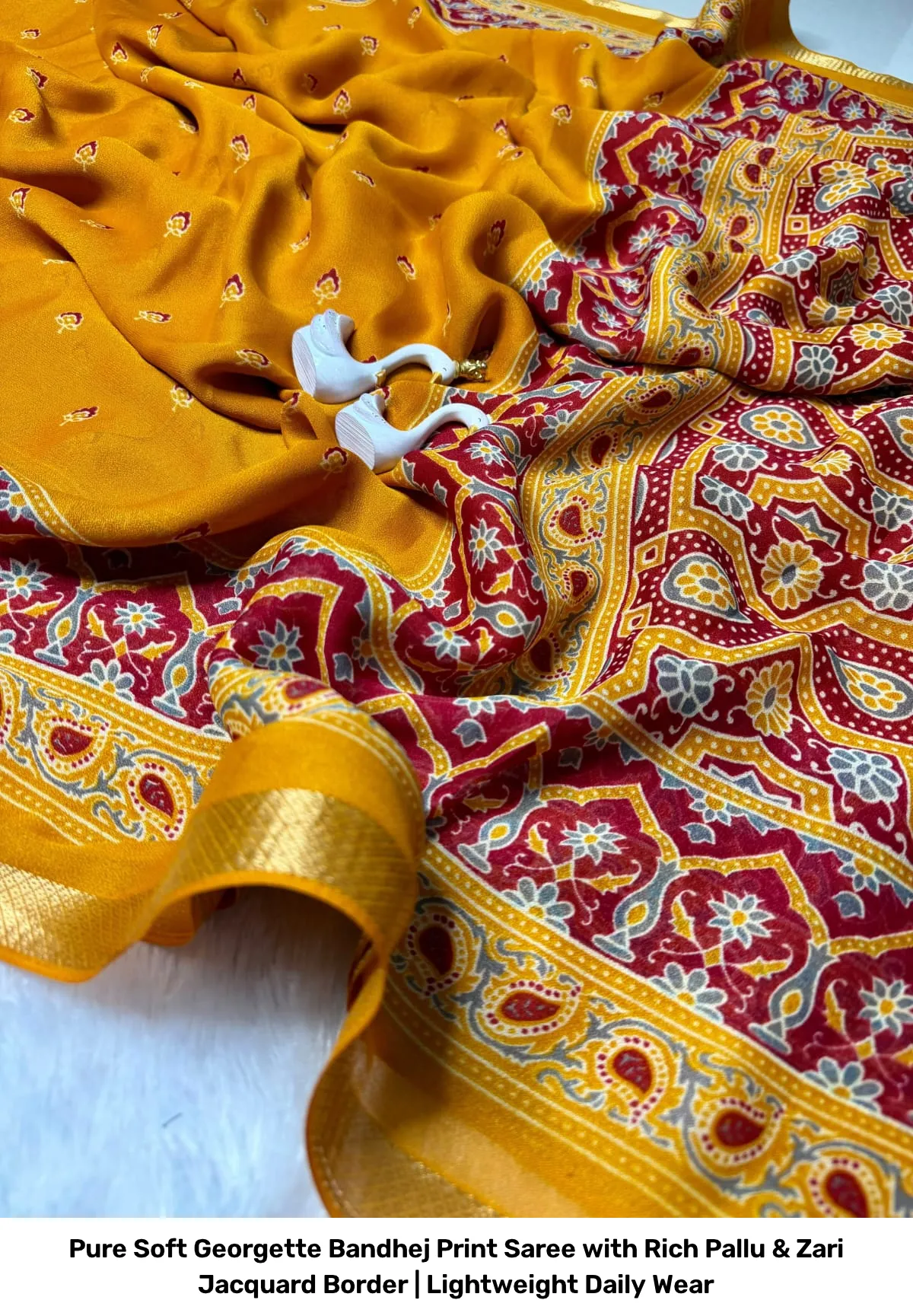 Pure Soft Georgette Bandhej Print Saree with Rich Pallu & Zari Jacquard Border | Lightweight Daily Wear 9