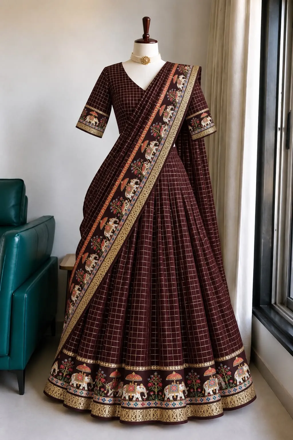 Pure Viscose Checks Lehenga with Stitched Blouse & Elephant Border Dupatta | Traditional Half Saree Lehenga Set