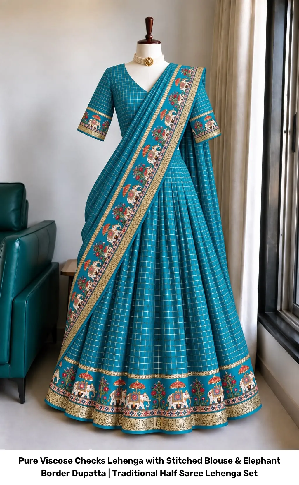Pure Viscose Checks Lehenga with Stitched Blouse & Elephant Border Dupatta | Traditional Half Saree Lehenga Set 10