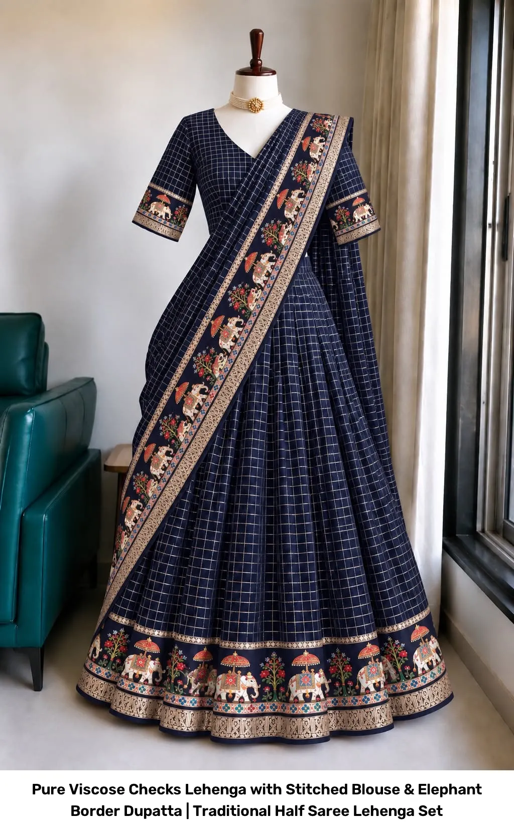 Pure Viscose Checks Lehenga with Stitched Blouse & Elephant Border Dupatta | Traditional Half Saree Lehenga Set 2