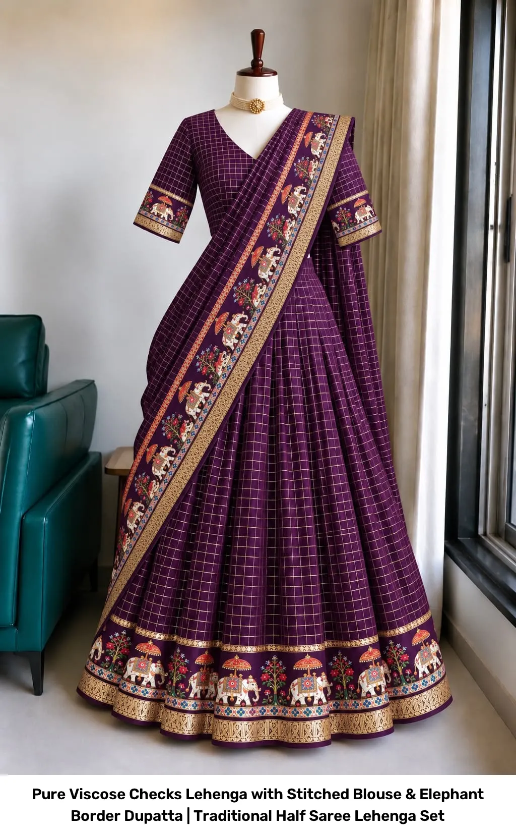 Pure Viscose Checks Lehenga with Stitched Blouse & Elephant Border Dupatta | Traditional Half Saree Lehenga Set 3