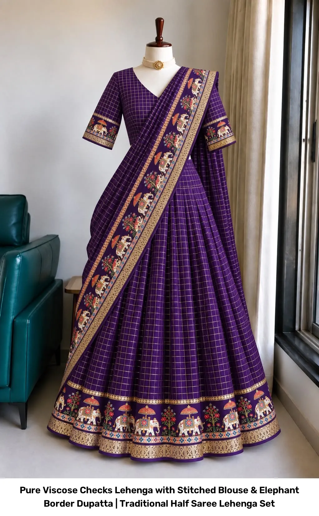 Pure Viscose Checks Lehenga with Stitched Blouse & Elephant Border Dupatta | Traditional Half Saree Lehenga Set 4