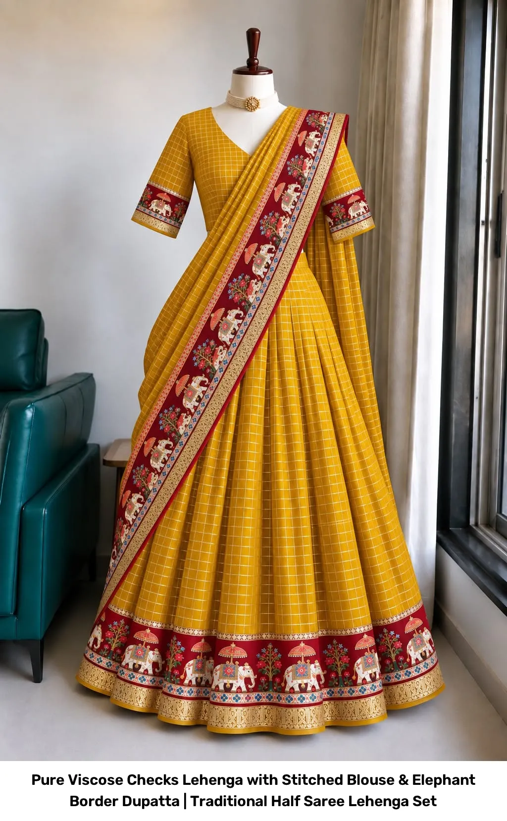 Pure Viscose Checks Lehenga with Stitched Blouse & Elephant Border Dupatta | Traditional Half Saree Lehenga Set 5