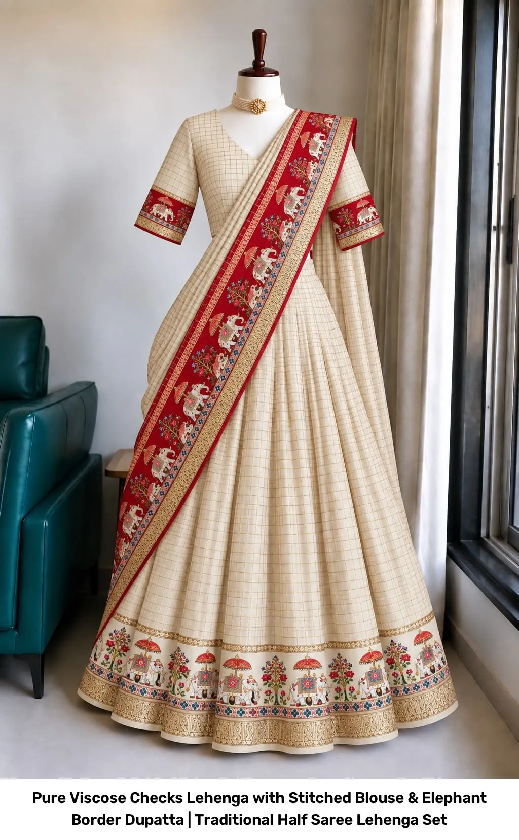 Pure Viscose Checks Lehenga with Stitched Blouse & Elephant Border Dupatta | Traditional Half Saree Lehenga Set 6