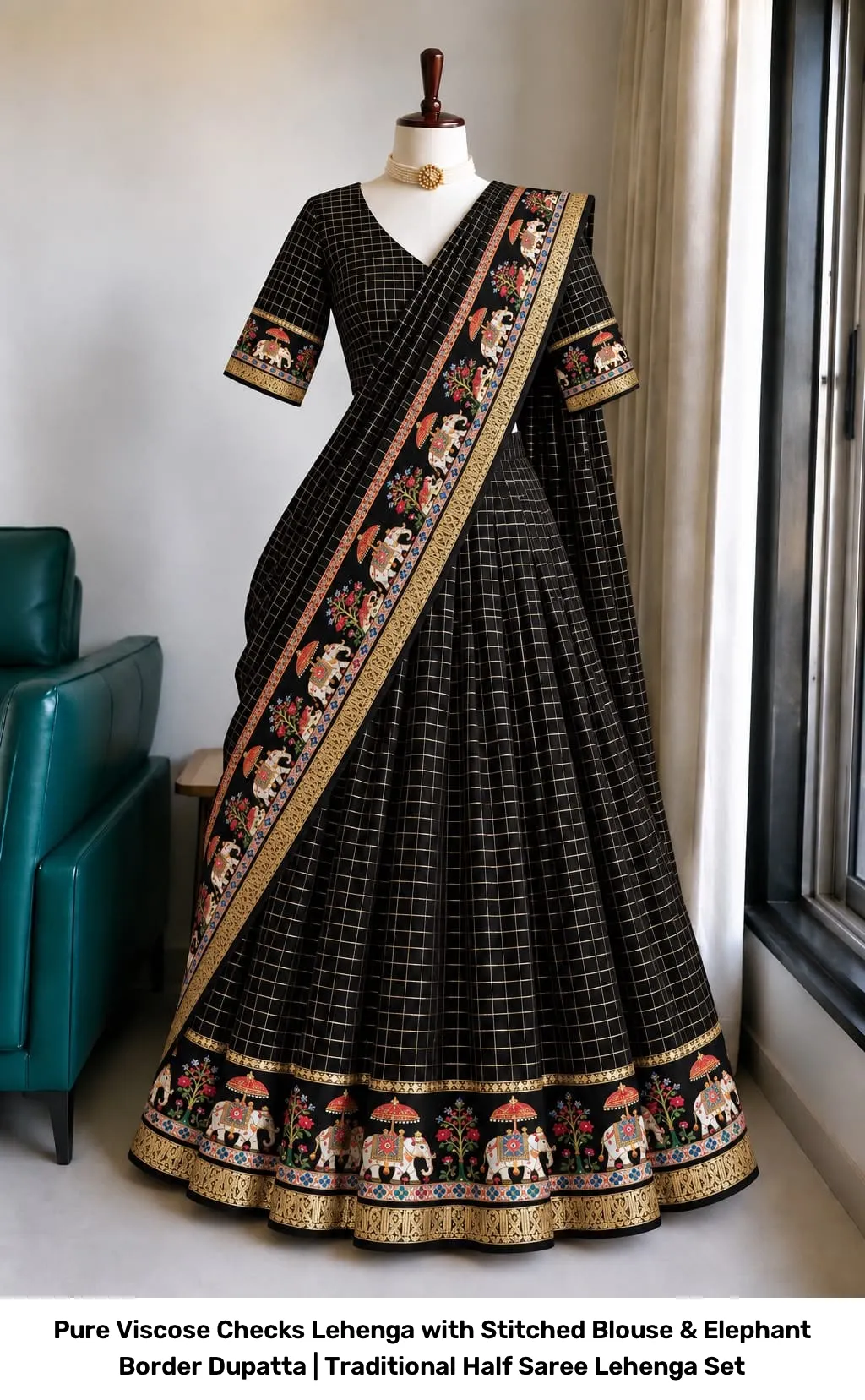 Pure Viscose Checks Lehenga with Stitched Blouse & Elephant Border Dupatta | Traditional Half Saree Lehenga Set 7