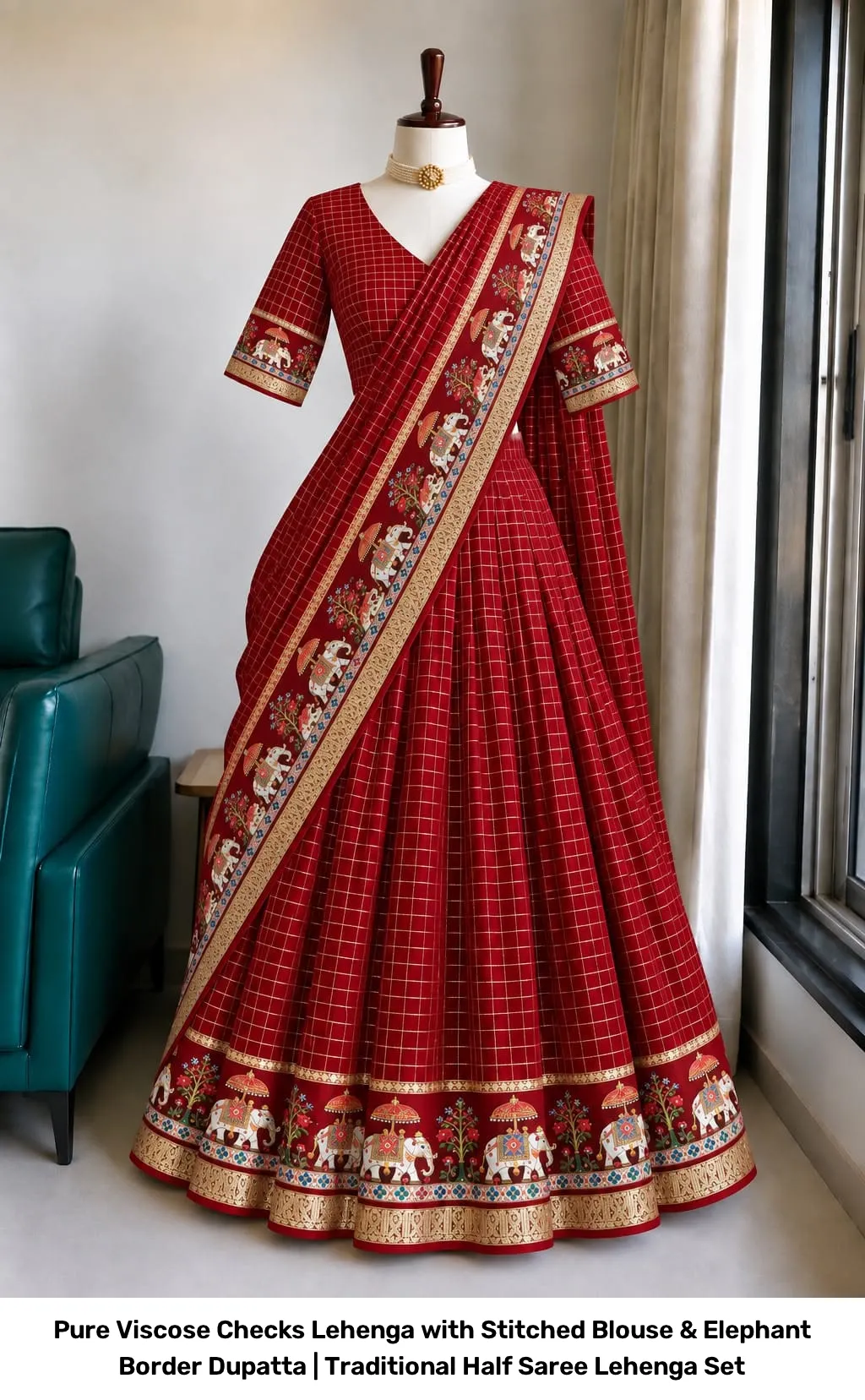 Pure Viscose Checks Lehenga with Stitched Blouse & Elephant Border Dupatta | Traditional Half Saree Lehenga Set 8