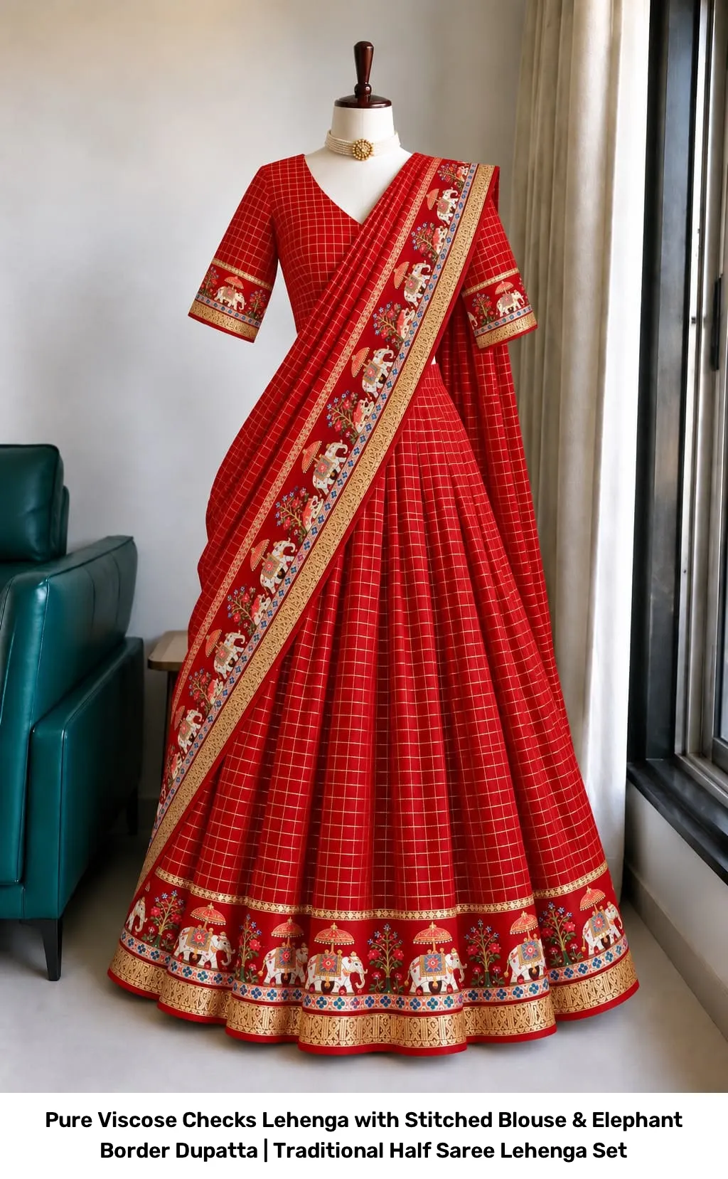 Pure Viscose Checks Lehenga with Stitched Blouse & Elephant Border Dupatta | Traditional Half Saree Lehenga Set 9