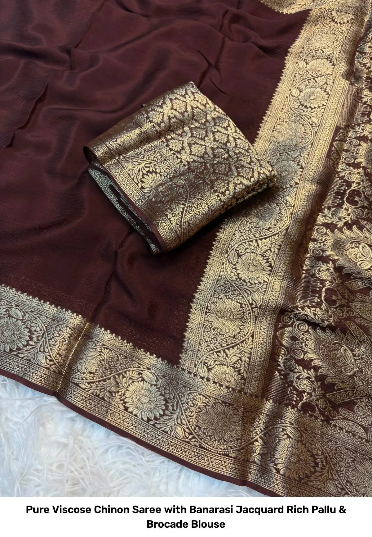 Pure Viscose Chinon Saree with Banarasi Jacquard Rich Pallu & Brocade Blouse 2