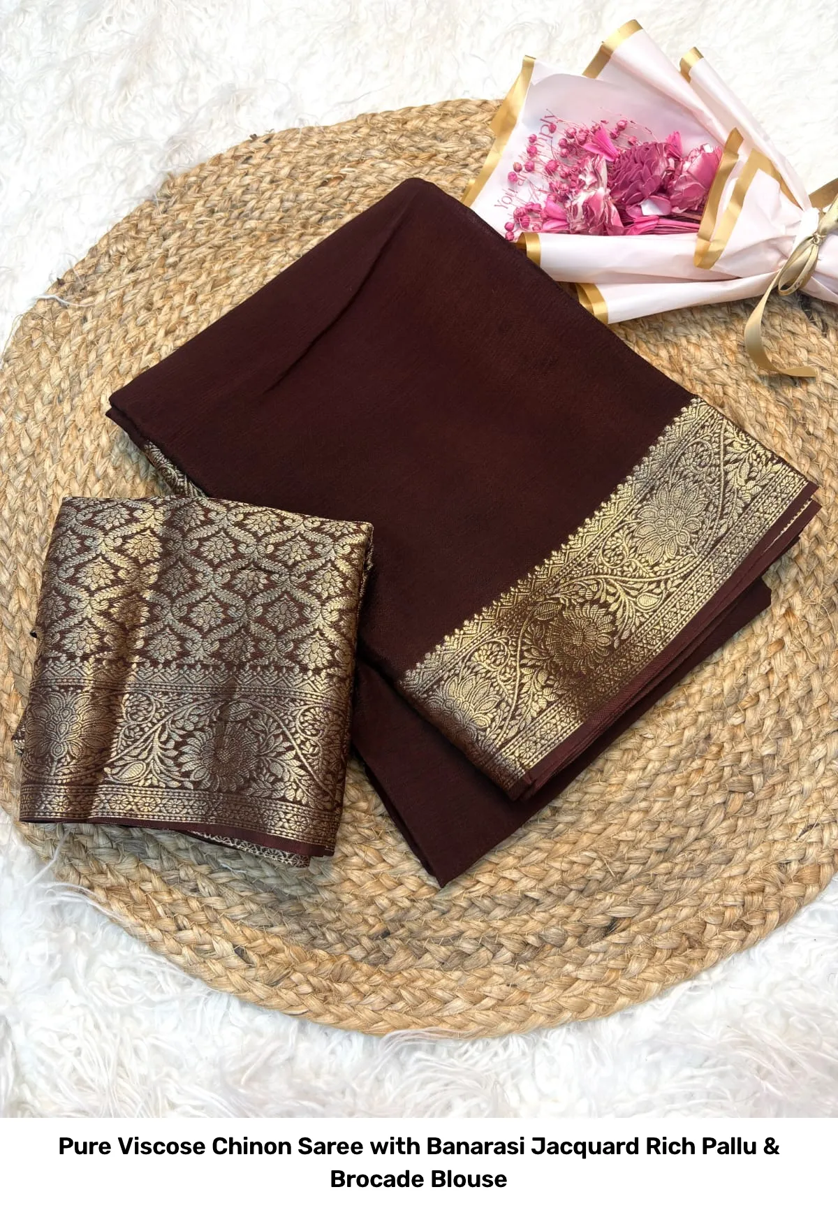 Pure Viscose Chinon Saree with Banarasi Jacquard Rich Pallu & Brocade Blouse 4